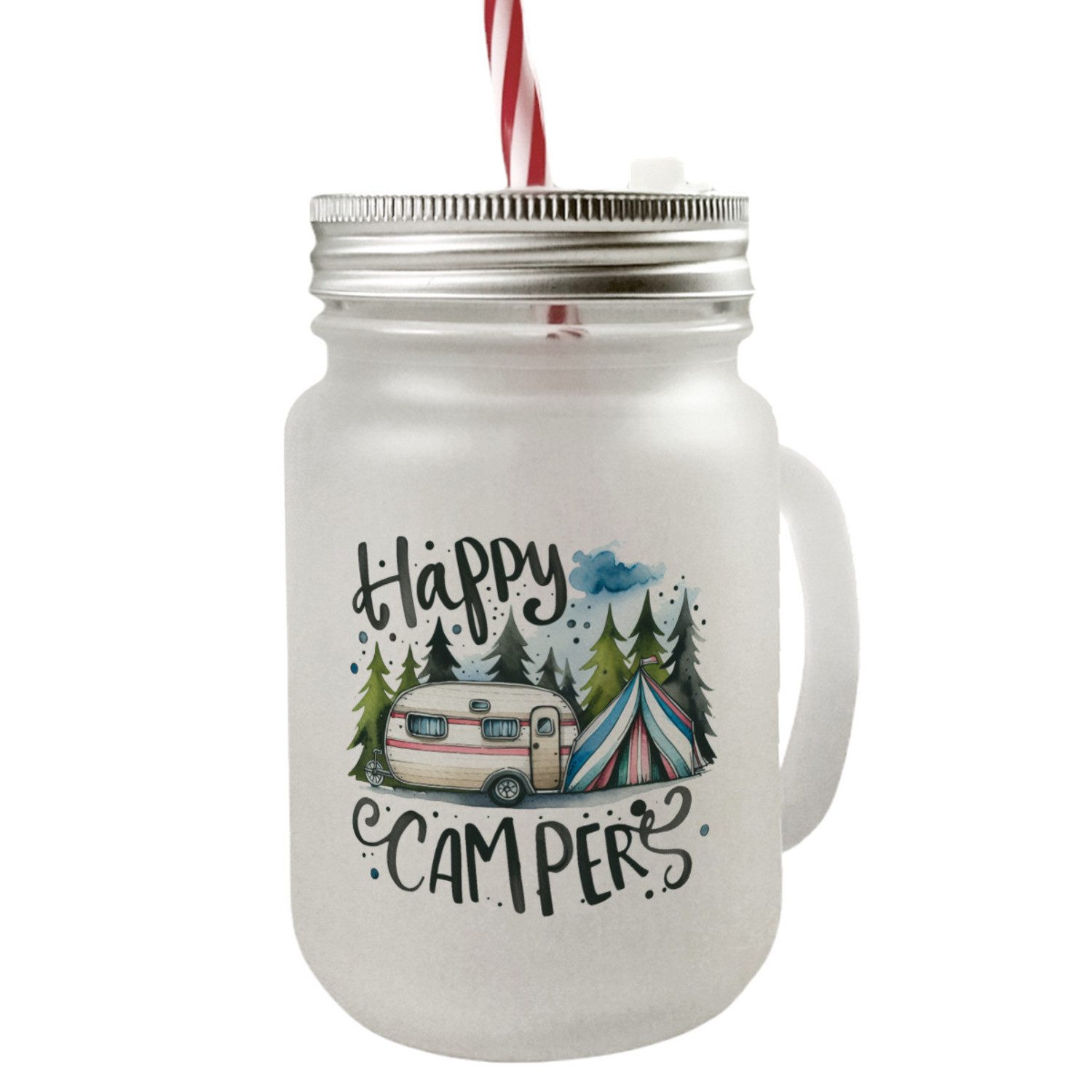 Glas Happy Campers Wohnwagen Mason Jar Henkel Trinkglas mit Deckel