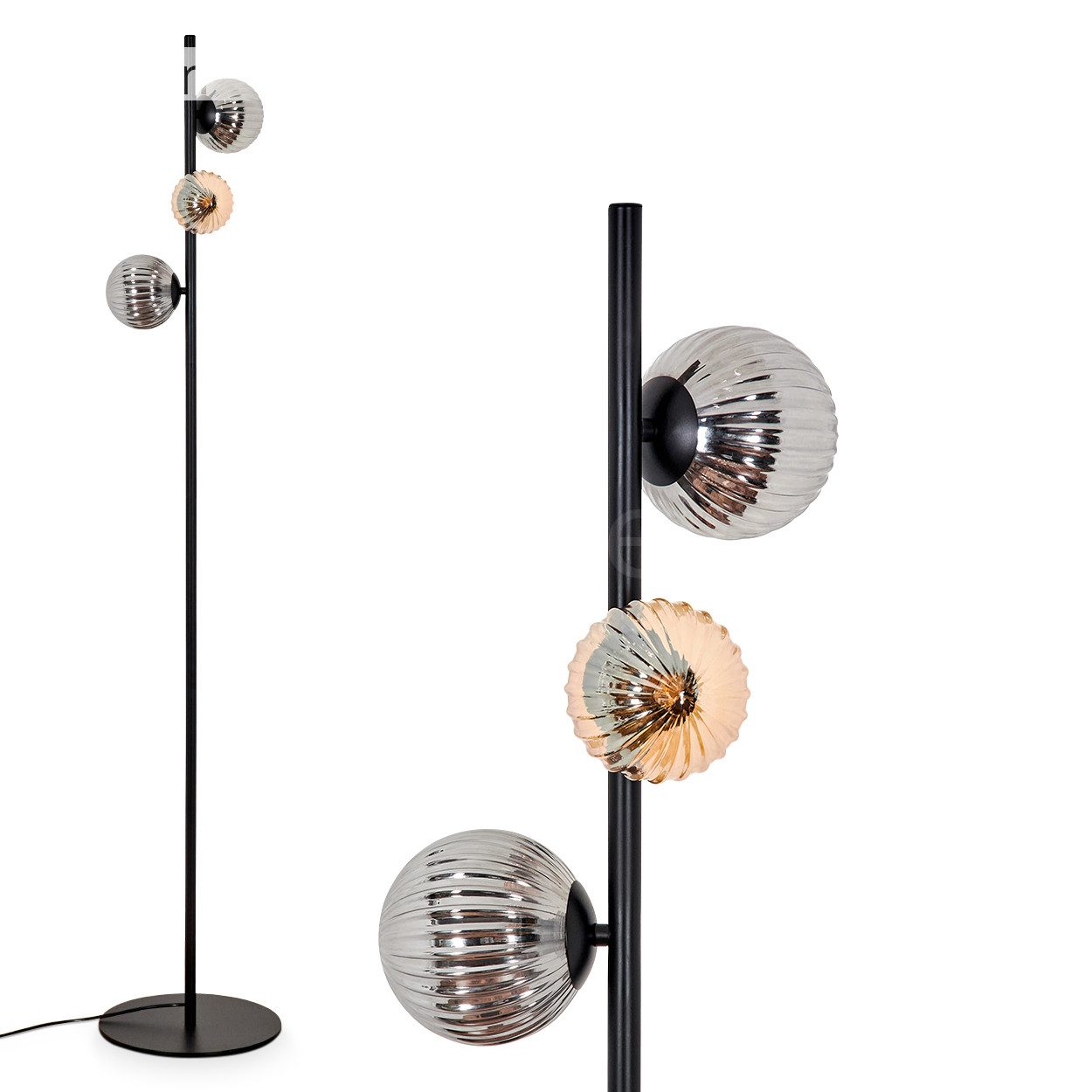 Stehlampe Stehlampe aus Metall/Riffelglas in Schwarz/Rauch/Bernstein
