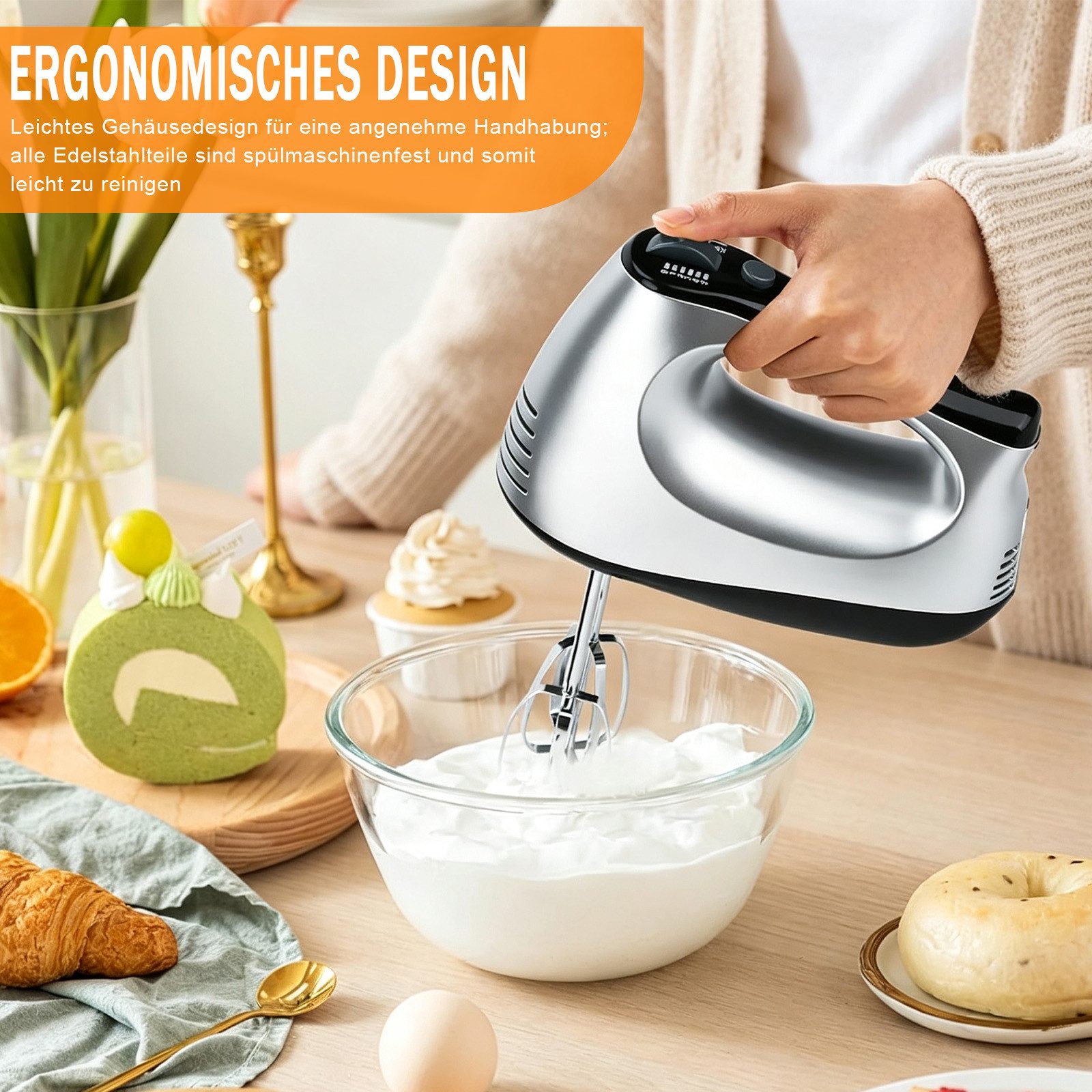 AKKEE Handmixer Elektrisch 300W mit 5 Geschwindigkeiten & Turbinenfunktion Inkl., 300 W, 2 Quirlen, 2 Knethaken