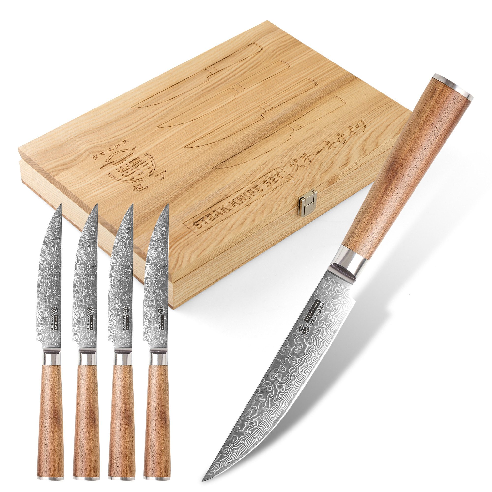 HITOFURI® Damastmesser HITOFURI® STEAKMESSER Damaskusmesser Steakmesser Premium Messer 73Lag., inkl. einer edlen Holzbox, Messerscheide, Pflegetuch sowie Pflegeöl