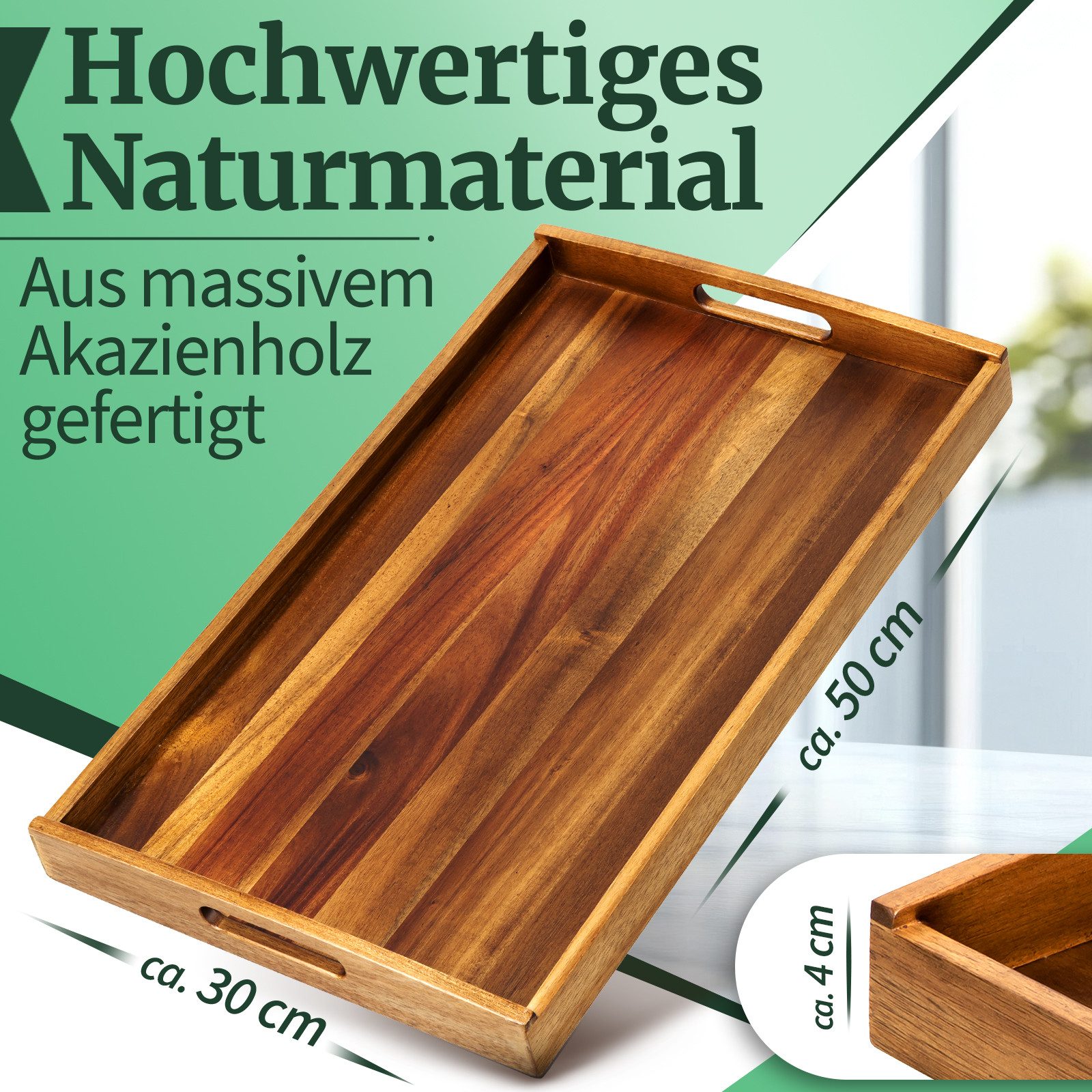 HEIMWERT Tablett Tablett Akazie Holztablett, Akazie, (1-tlg), besonders stabiles und leichtes Holztablett mit Griff