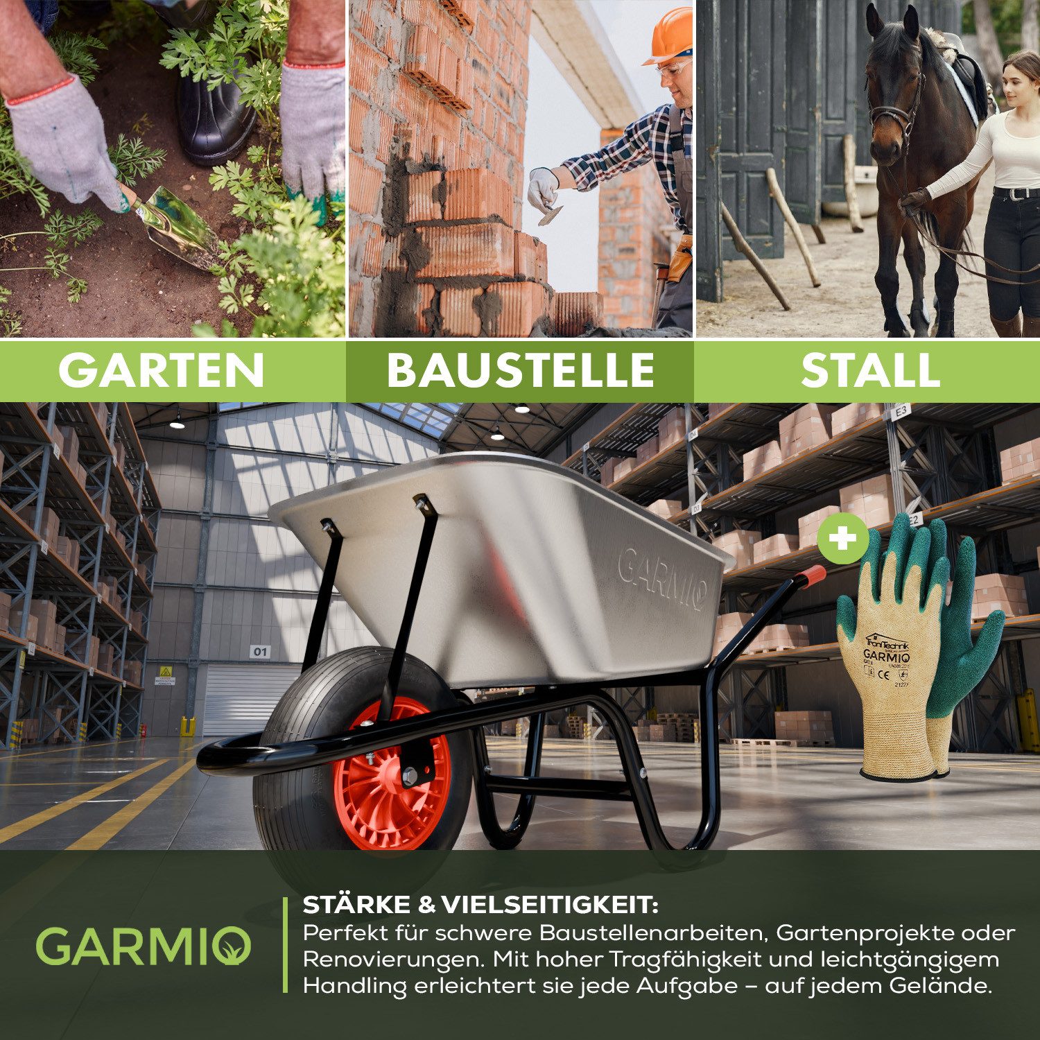 GARMIO Schubkarre Schubkarre, verzinkte Bauschubkarre 85 Liter, 5 Kubik Fassungsvermögen, (Luftreifen 16 Zoll, Futterkarre, Hofkarre, Luftreifen 16 Zoll, Futterkarre, Hofkarre), Gartenkarre bis 160 kg, silber, verzinkte Wanne