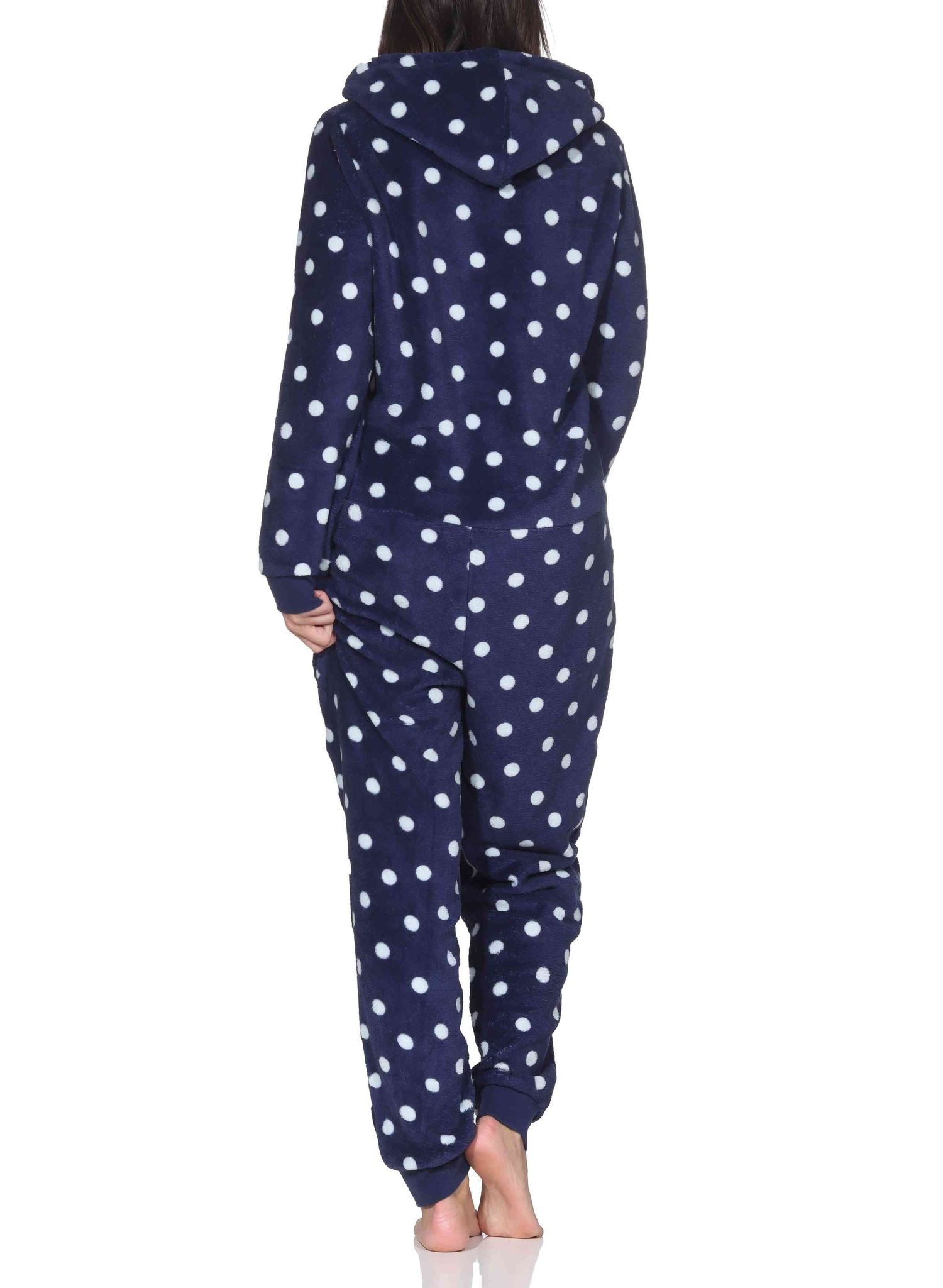 Normann Pyjama Damen Schlafanzug Jumpsuit Overall in Tupfen Optik aus Coral Fleece – Bild 3 von 3