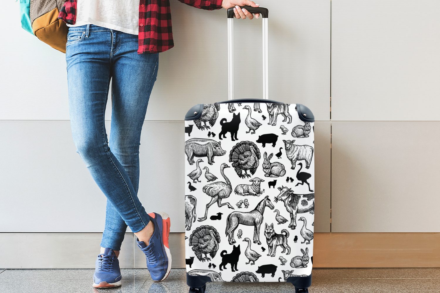 weiß, Rollen, und rollen, Reisetasche Muster Schwarz MuchoWow - Ferien, Trolley, Tiere 4 für - mit Handgepäck Reisekoffer Handgepäckkoffer