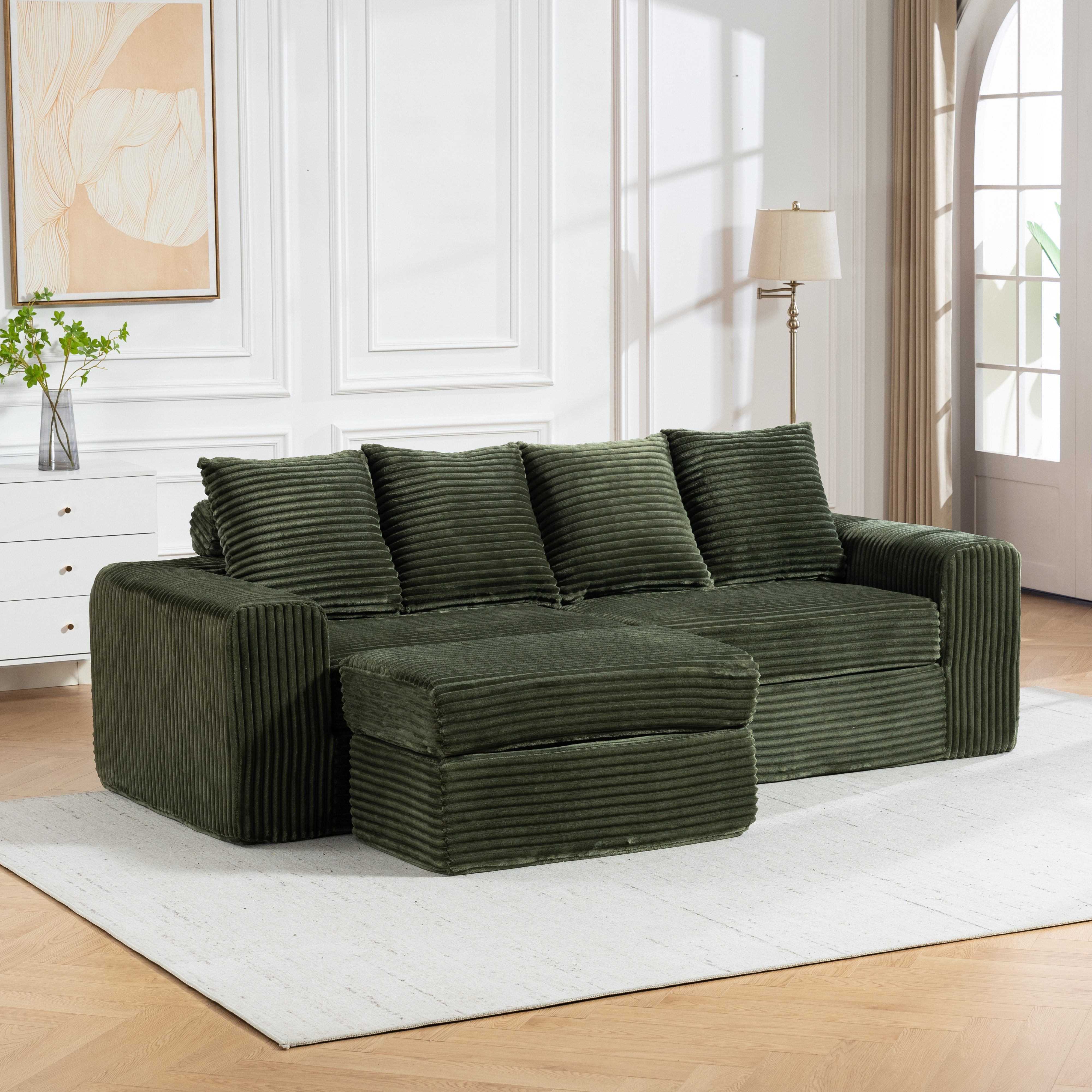 Sinaopus Ecksofa Modulares Ecksofa mit Fußhocker aus Cord, breite Sitzfläche, Bequemes Wohnzimmersofa mit flexiblem Hocker und weicher Polsterung