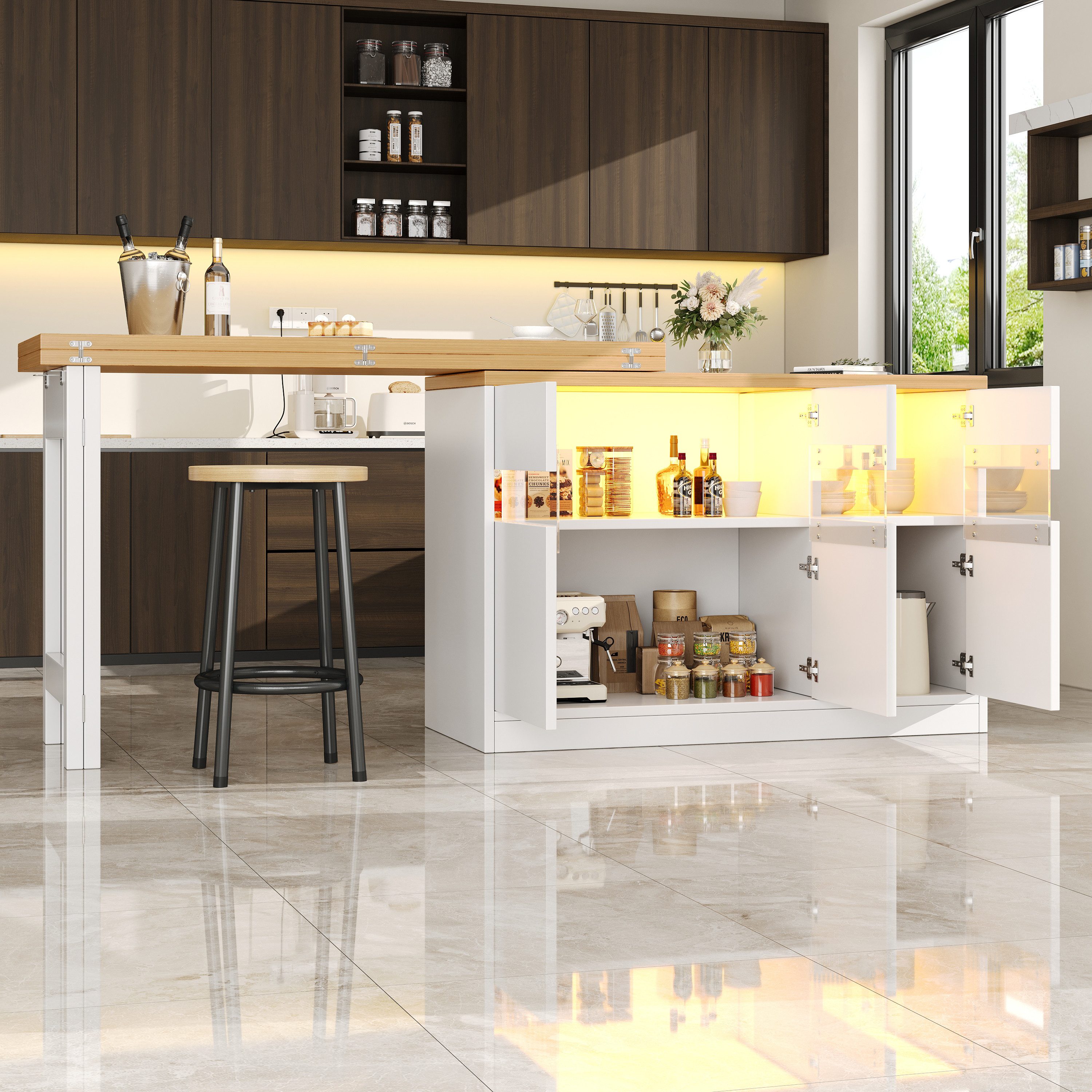 Flieks Kücheninsel Küchenschrank mit 360° drehbarer und klappbarer Arbeitstisch, (Holzoptik Tischplatte Tiefe 40-80cm, Längenverstellbar 120-180cm), ausziehbarer Esstisch & Mehrzweckschrank mit Led-Beleuchtung Weiß