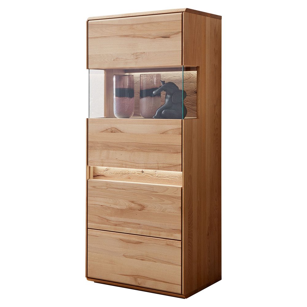 Lomadox Highboard WELLAND-69, 63 cm, Kernbuche massiv geölt mit LED-Beleuchtung, Türanschlag links