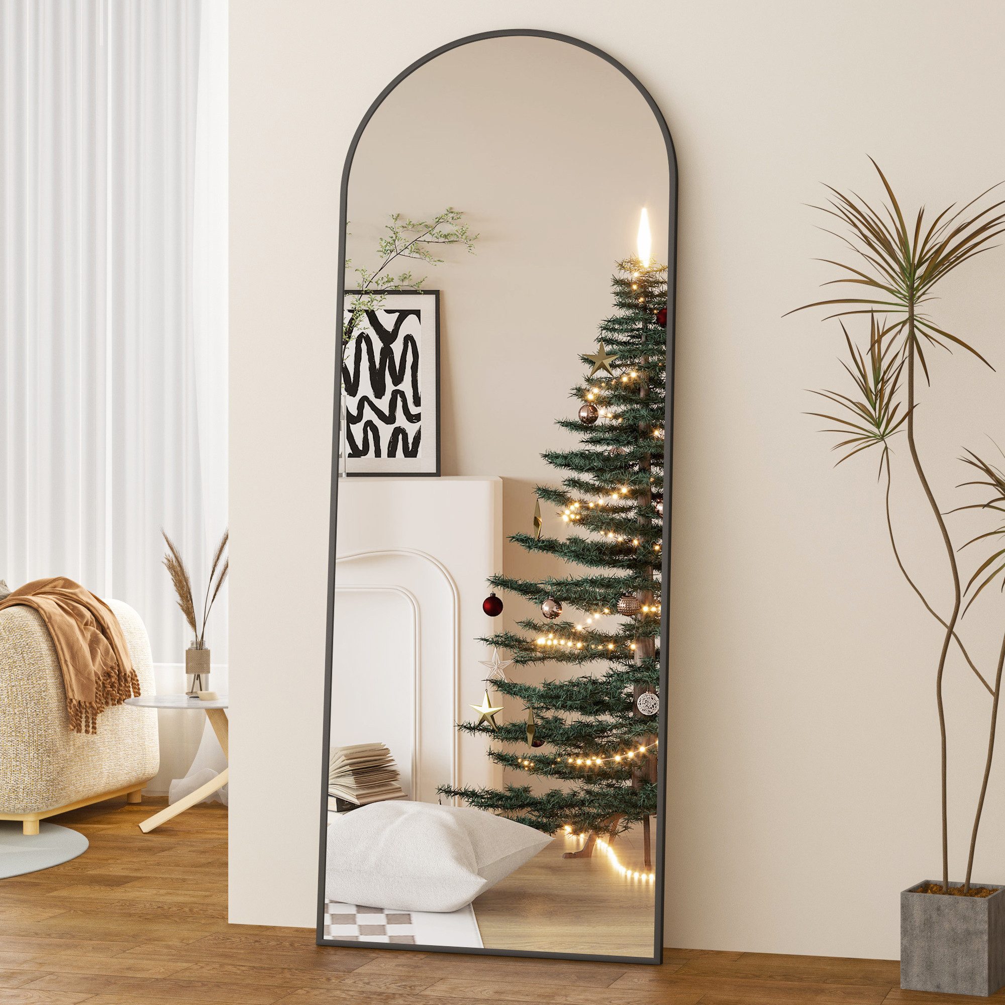Boromal Ganzkörperspiegel Schwarz Weiß Rahmen Standspiegel Oval Wandspiegel Groß Wand Ganzkörper (für Schlafzimmer Badezimmer Wohnzimmer Arched), Spiegel Rund