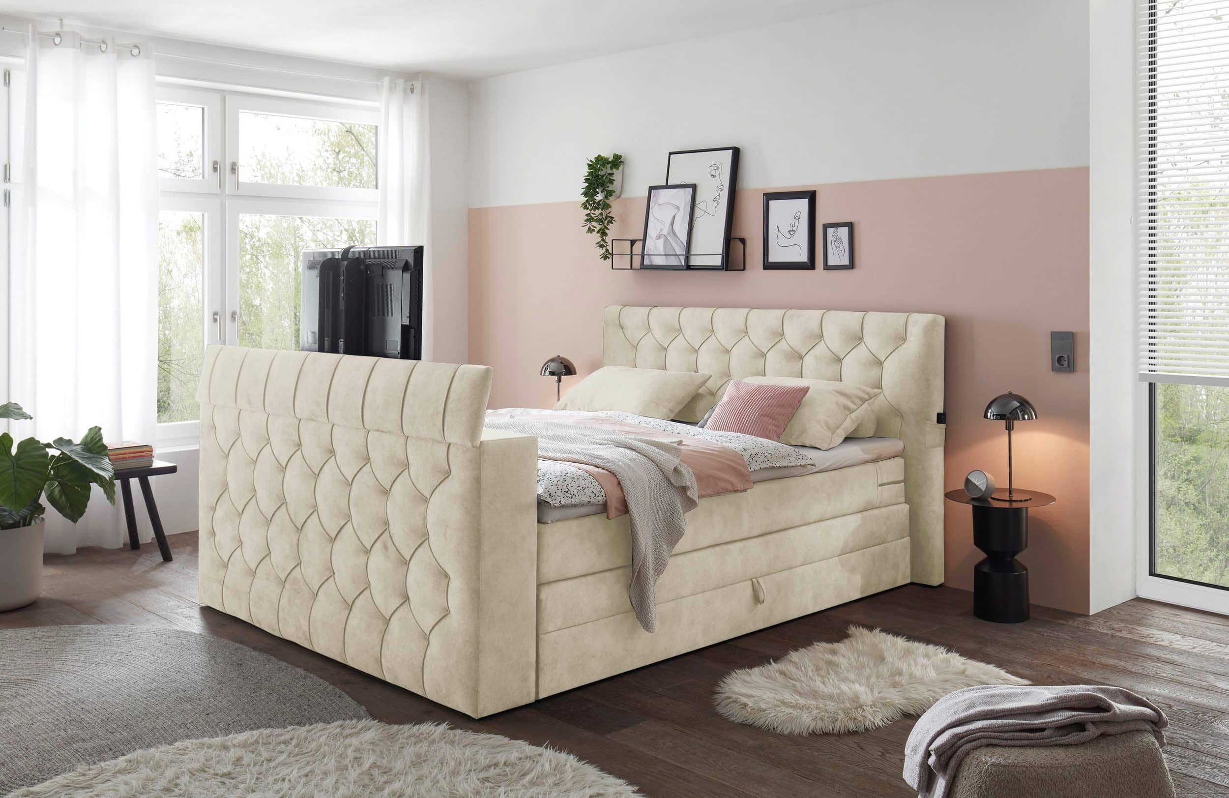 ED EXCITING DESIGN Boxspringbett Springdale - TV-Halterung, Bettkasten, Topper & Wendematratze H3/H4 (Komplettbett mit Topper, Matratze, Stauraum & TV-Halterung), Stauraum, TV-Halterung, Gel-Lux-Topper, Wendematratze H3/H4