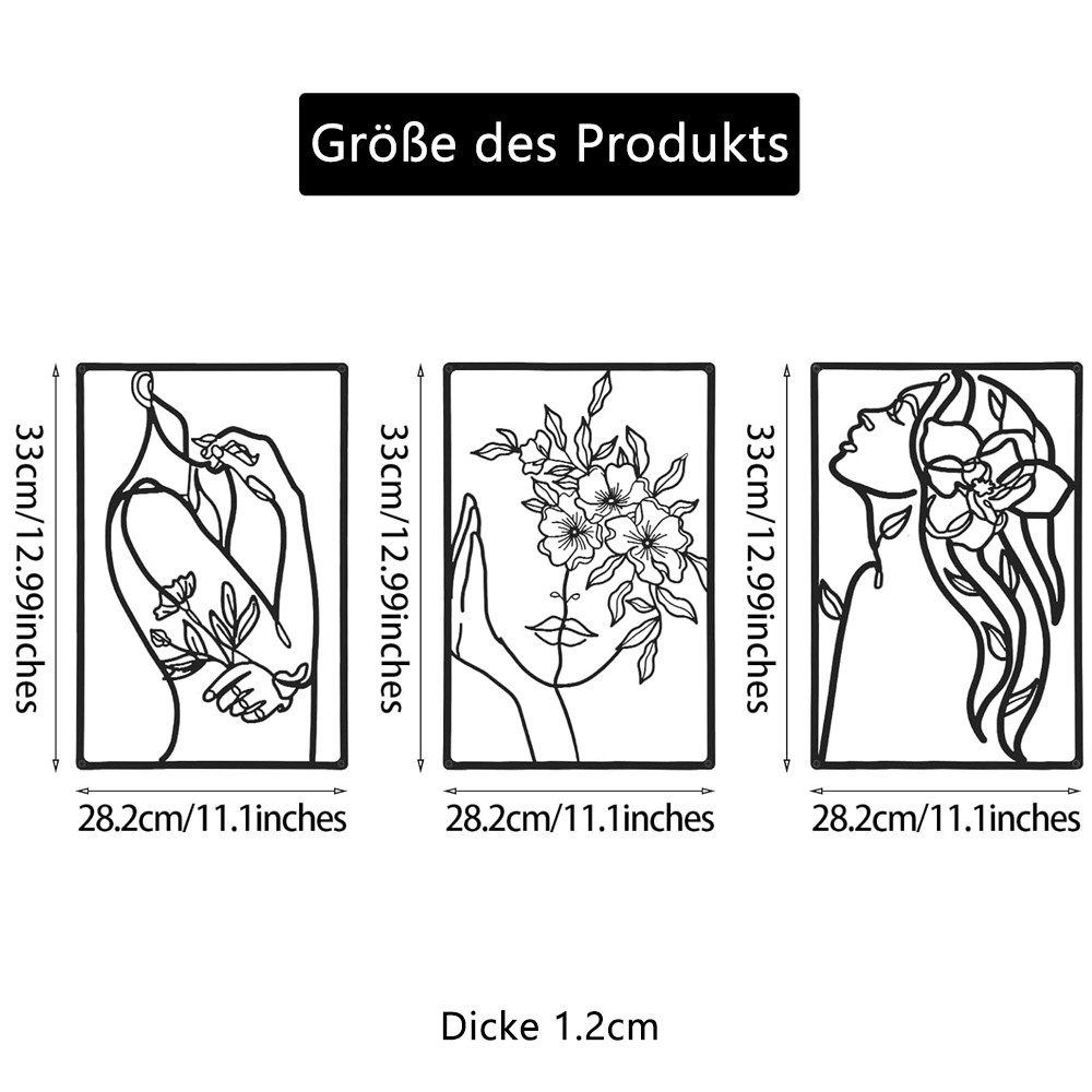 TUWENA Wanddekoobjekt 3 Stück Wanddeko aus Metall, Minimalistische Wandkunst Frau Hausdeko