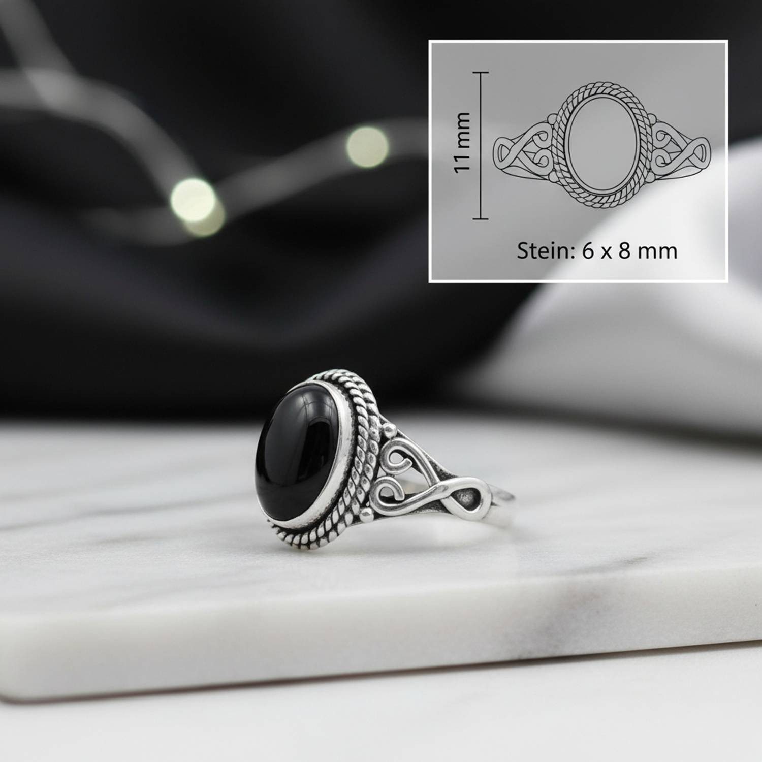 mantraroma Silberring BAGHIMI oval aus 925 Silber mit Onyx (Ring mit Schmuckbeutel), Damenring aus 925er Silber