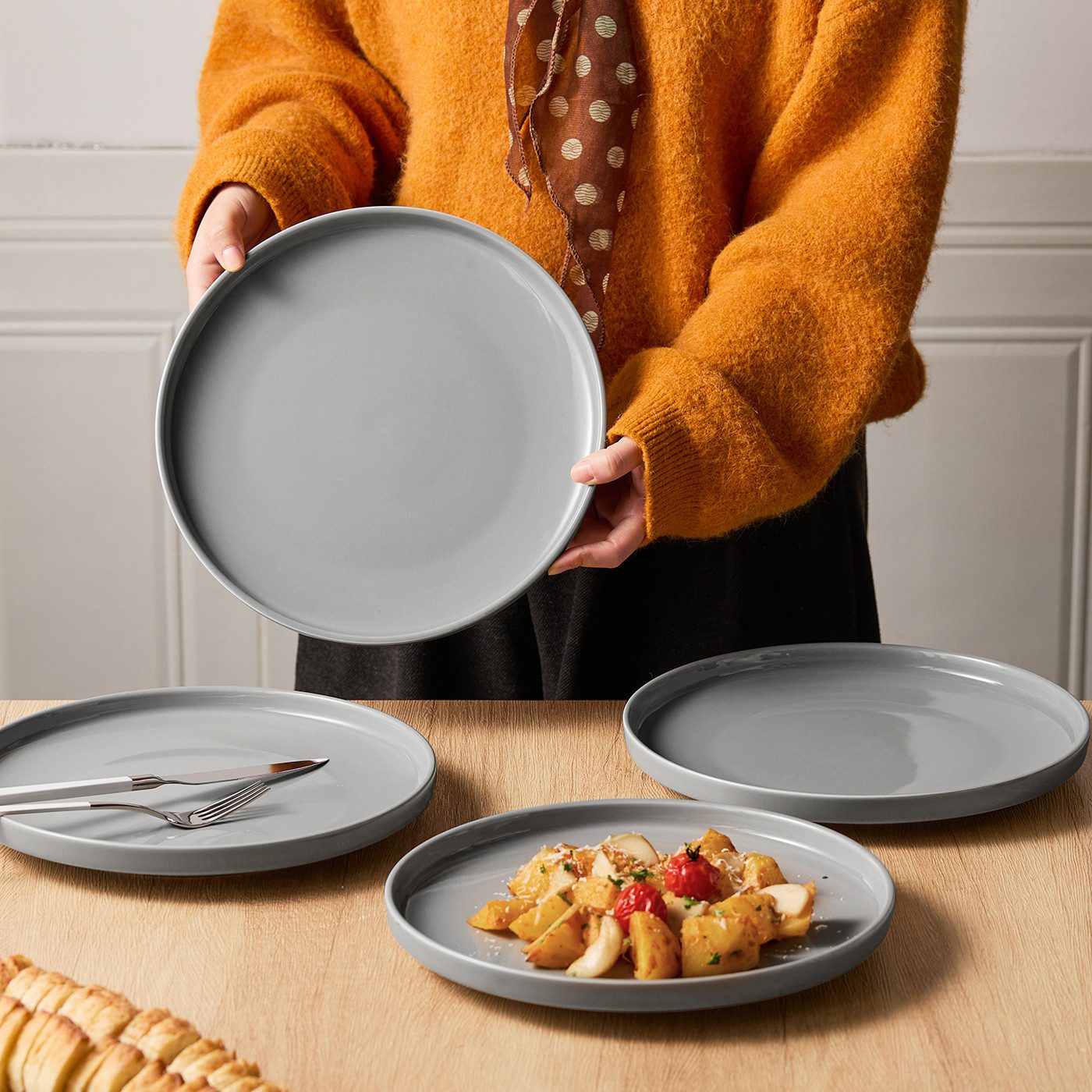 JIWOO Teller 4er Ø27,7cm, Speiseteller Steakteller Dessertteller Brotteller Plate, (4 St), Keramik Geschirr set Teller Grau Mikrowellen spülmaschinenfest Ø26,5cm