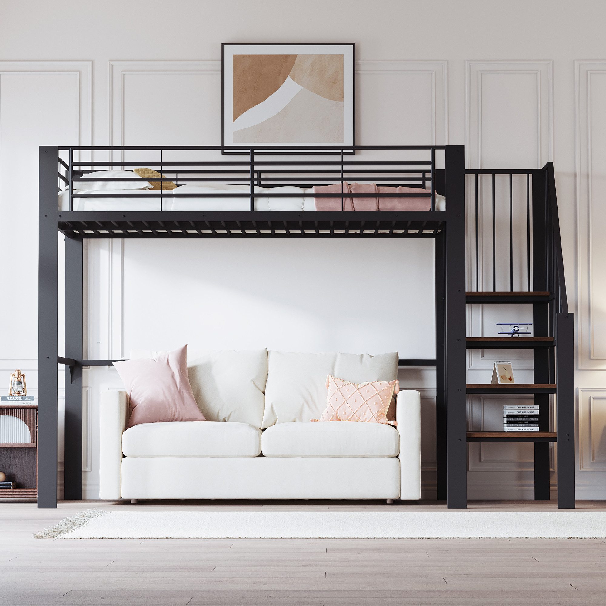 MODFU Kinderbett Hochbett aus stabilem Metall (Metallbett mit Treppe & Stau günstig online kaufen