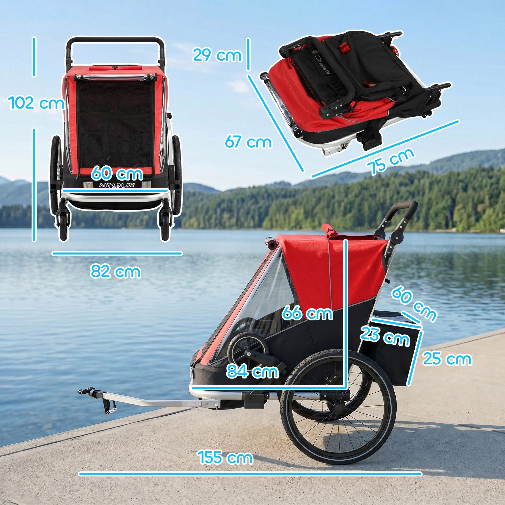 AIYAPLAY Fahrradkinderanhänger 2-Sitzer Faltbar Kinderfahrradanhänger, 2-in-1 klappbar, für 2 Kinder, Reflektoren