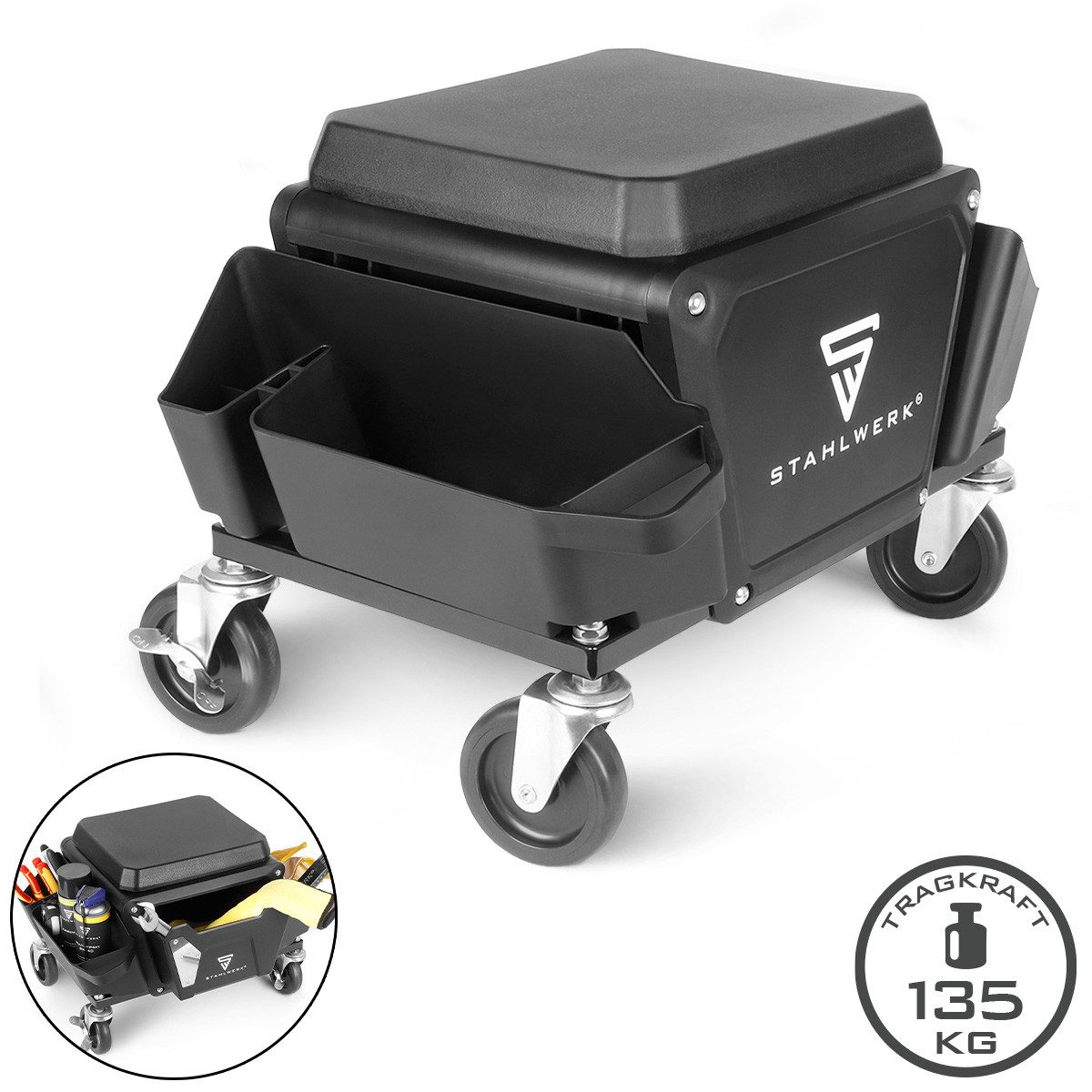 STAHLWERK Werkstattwagen Mobiler Werkstatthocker mit Schublade 2 Seitenfächer Traglast 135 kg