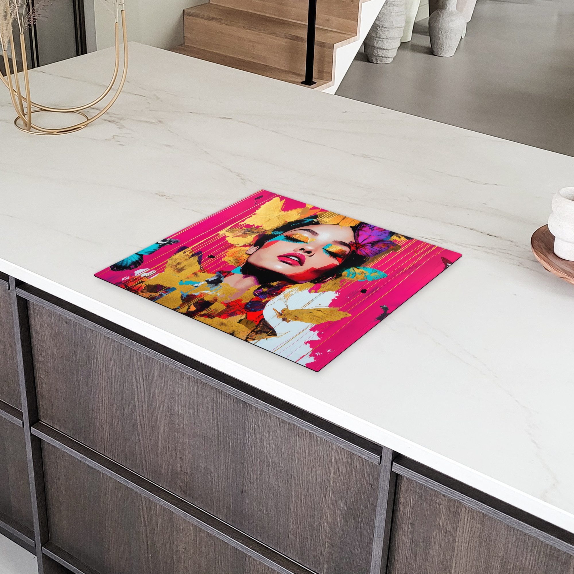 MuchoWow Herd-Abdeckplatte Frau - Abstrakt - Farbenfroh, Vinyl, (1 tlg), Cerankochfeld Abdeckung, Herd Abdeckplatten Vinyl, 58x51 cm