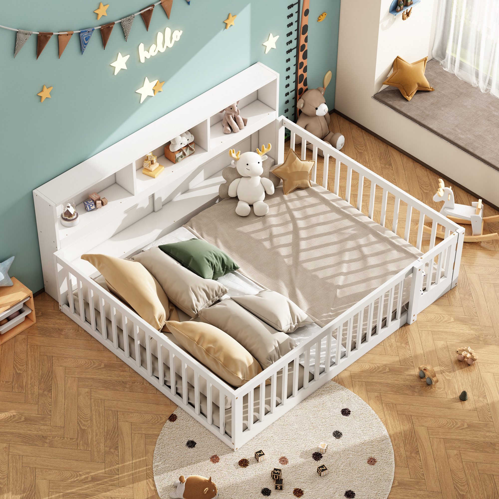 SOFTWEARY Kinderbett mit Lattenrost und Zaun (140x200 cm), Rausfallschutz, günstig online kaufen