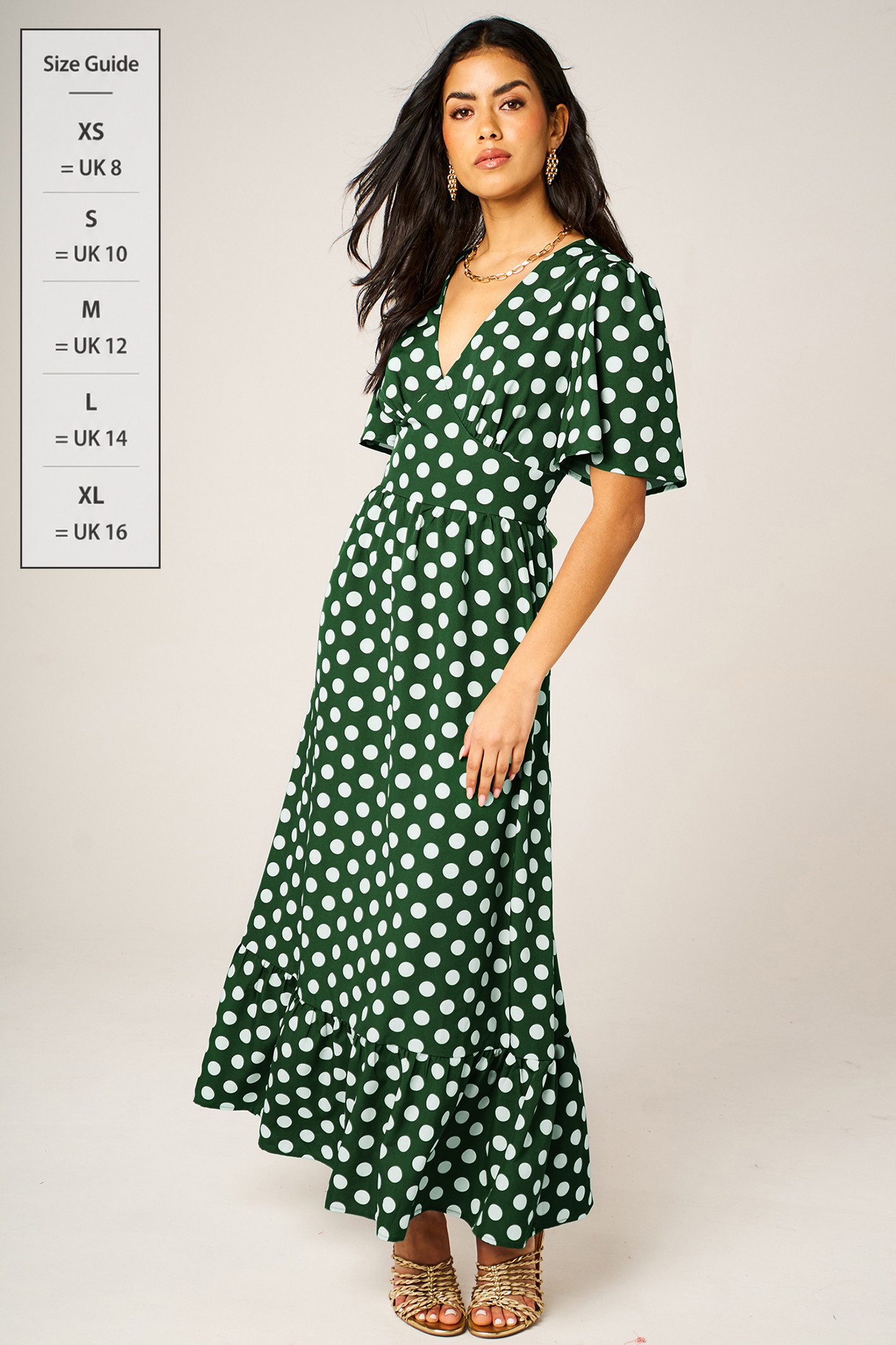 FS Collection Maxikleid Damen Maxikleid Sommerkleid Freizeitkleid Wickeloptik Gepunktet Wickeloptik, Punkte-Muster, Volantsaum, betonte Taille – Bild 2 von 5