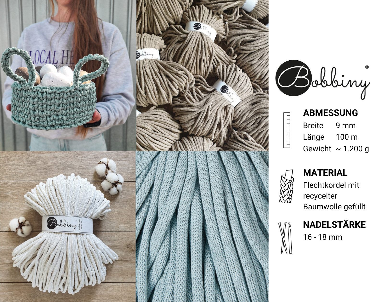 Bobbiny Bobbiny 9 mm Jumbo Flechtkordel 1200 g Häkelwolle, 100 m (Jumbo-Kordel - ideal für XXL-Makramee-Projekte), 1200 g