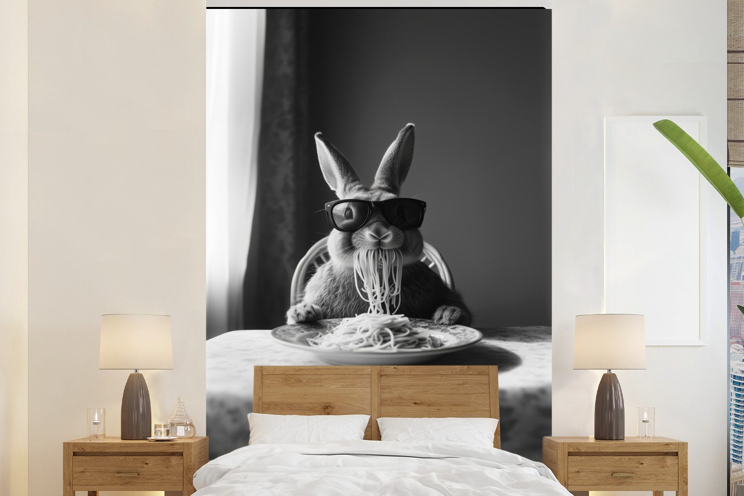 MuchoWow Fototapete Kaninchen - Hase - Sonnenbrille - Tischtuch - Nudeln - Niedlich, Matt, bedruckt, Montagefertig Vinyl Tapete, Wandtapete, 145x220 cm