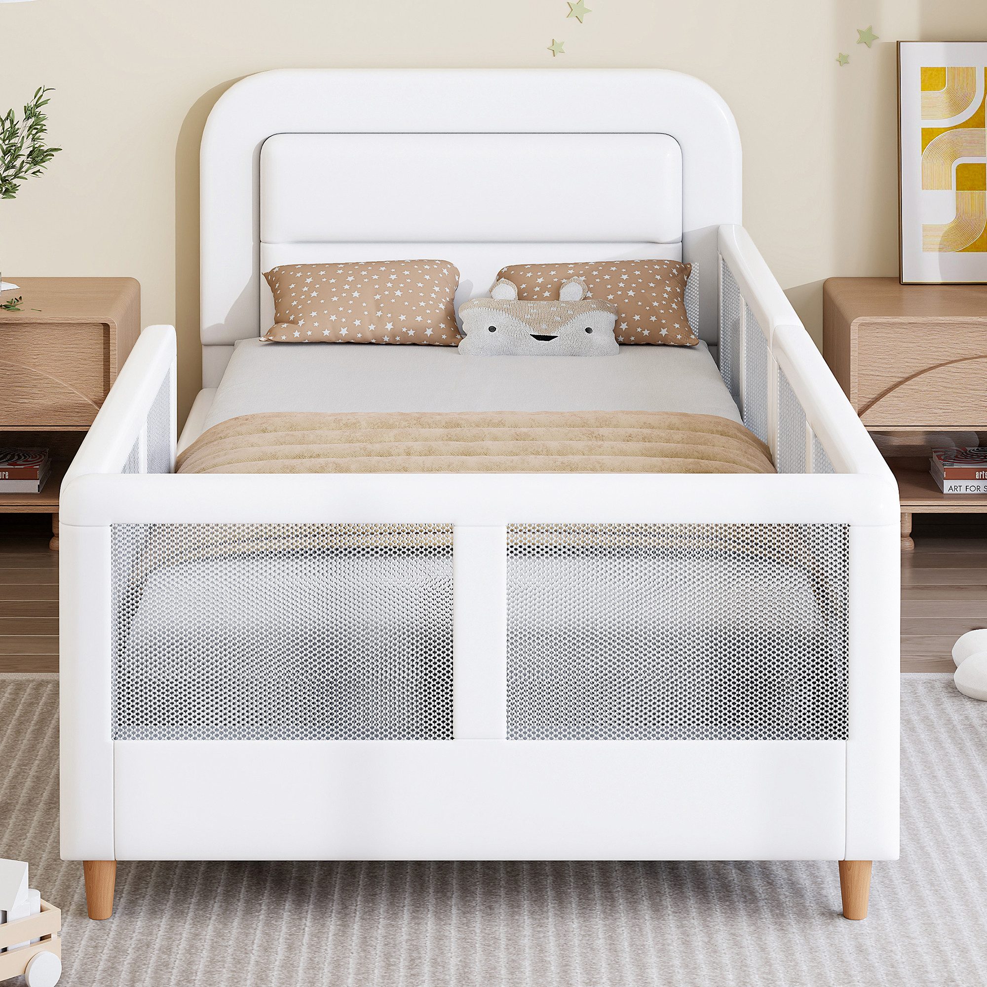 Flieks Kinderbett, Polsterbett Einzelbett 90x200cm mit Netzgewebe-Sicherheitsgeländer