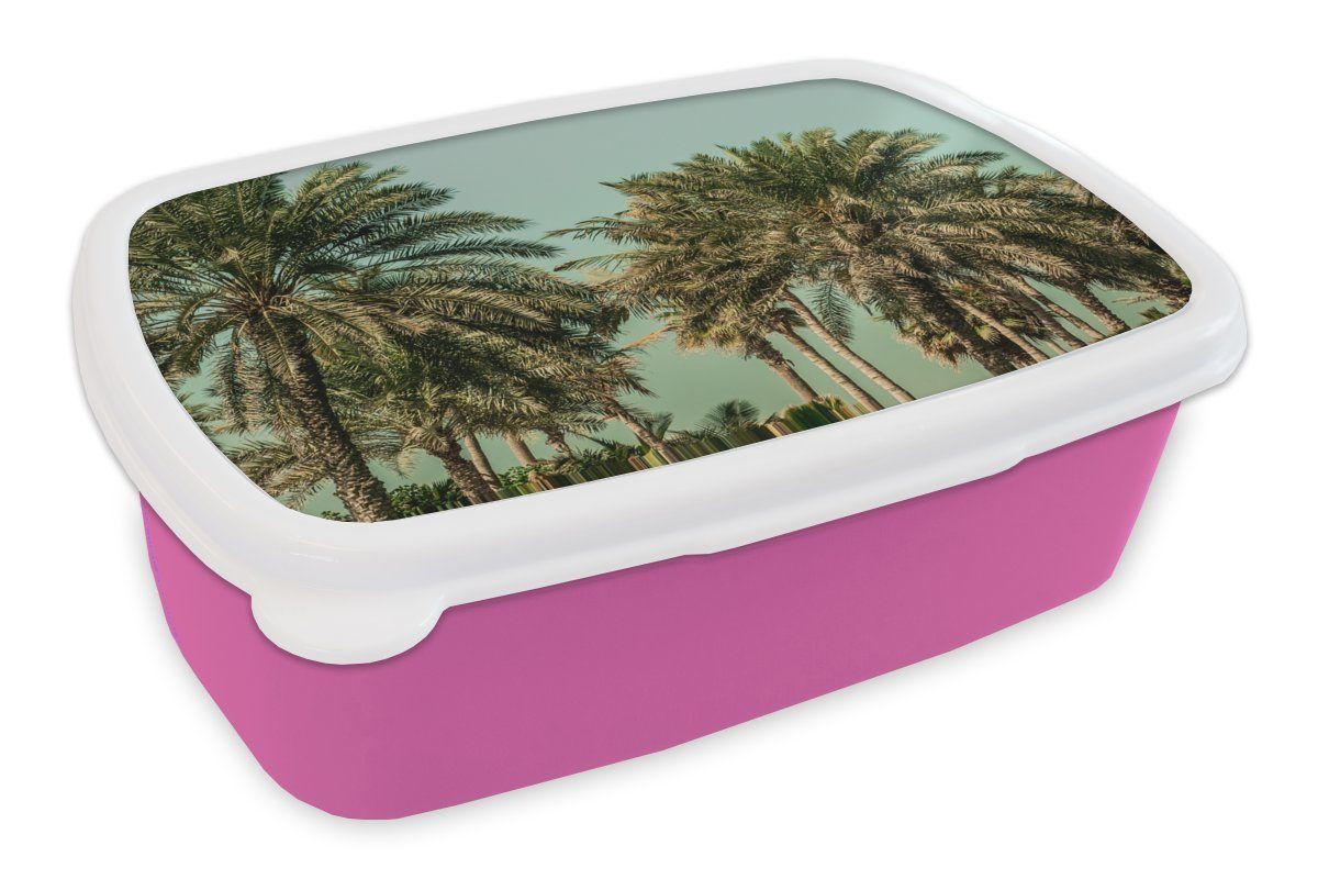 MuchoWow Lunchbox Palme - Himmel - Sommer - Tropisch, Kunststoff, (2-tlg), Brotbox für Erwachsene, Brotdose Kinder, Snackbox, Mädchen, Kunststoff rosa