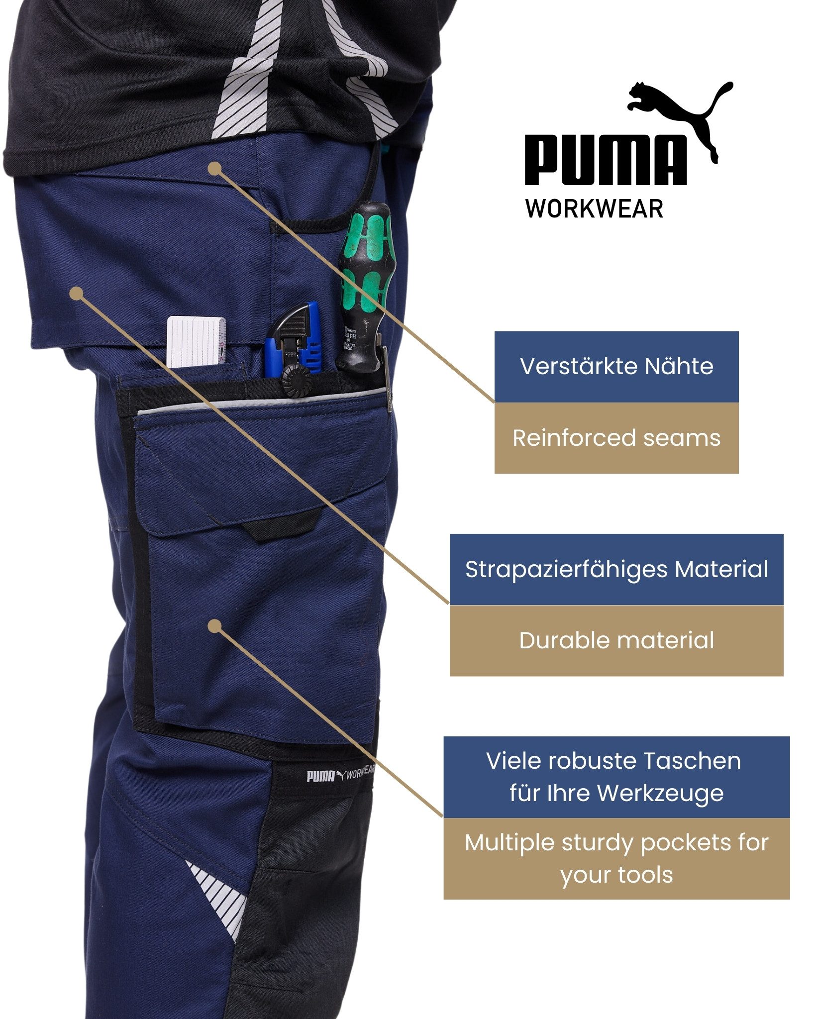 PUMA Workwear Arbeitsbundhose PRECISION X Arbeitshose für Herren - Verstärkte Kniepartien mit vielen Taschen - für Handwerk, Produktion und Baugewerbe