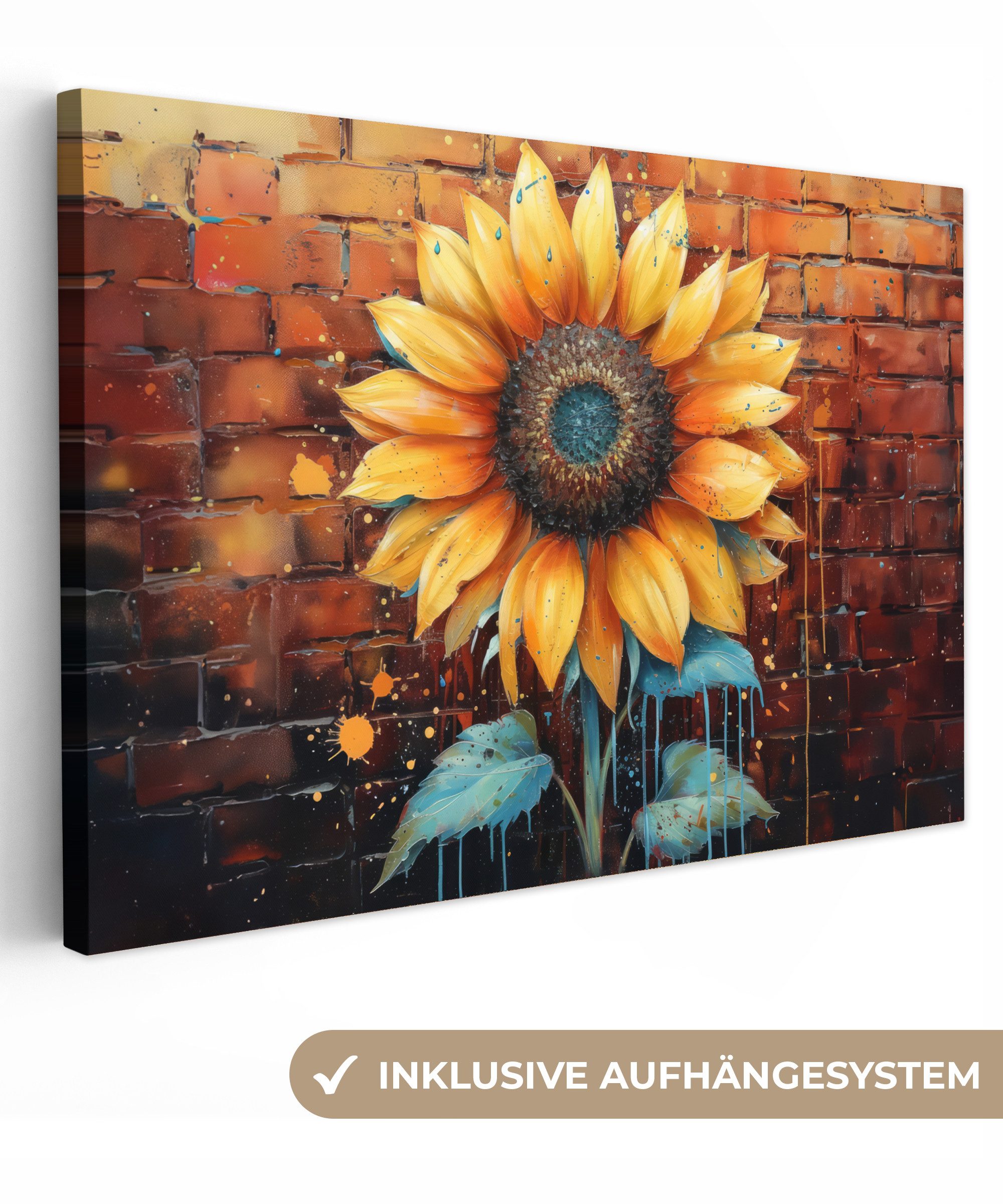 OneMillionCanvasses® Leinwandbild Sonnenblume - Blumen - Graffiti - Gelb - Blume, Graffiti - Sonnenblume (1 St), Leinwand Bilder Klein, Wand Dekoration 30x20 cm