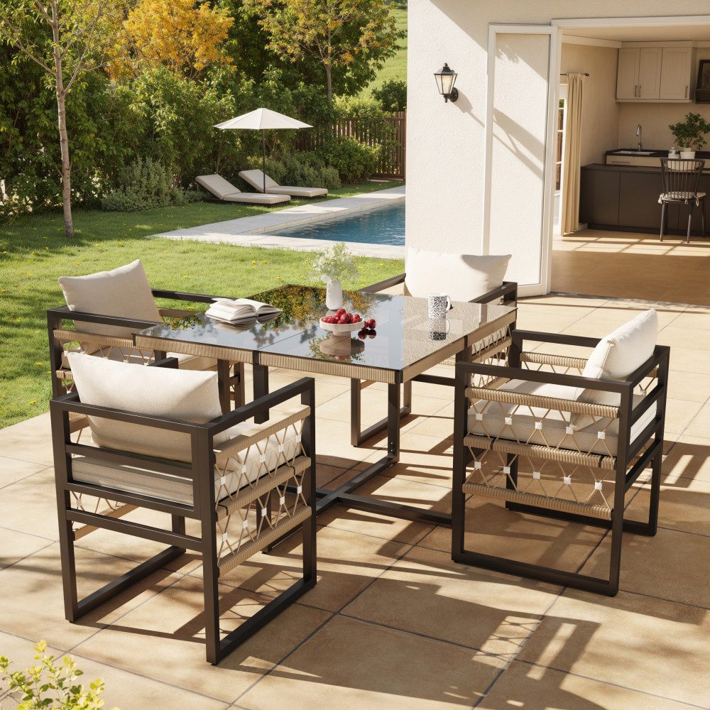 BBWL Gartenlounge-Set mit 4 Sesseln, Sicherheitsglas Tisch, Eisenrahmen wetterfest Terrasse, Gartenmöbel Set 4 Personen Handgeflochtenes Gartensofa
