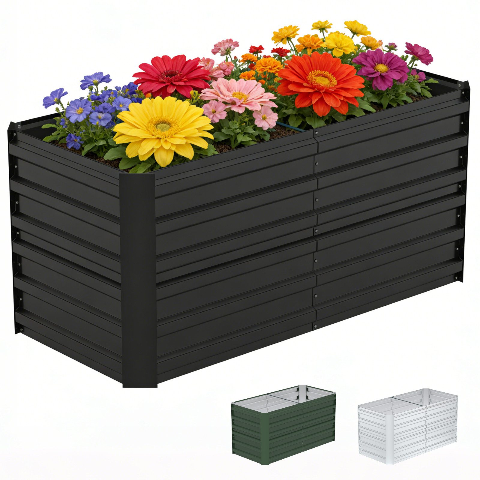 Ferghana Hochbeet Metall Rechteckig Verzinktes Gartenbeet (4 Größen S/M/L/XL & 3 Farben Schwarz/Grün/Silber, Bodenloses Pflanzbeet Rostfrei Wetterfest), Für Gemüse Kräuter Blumen Garten Balkon Terrasse