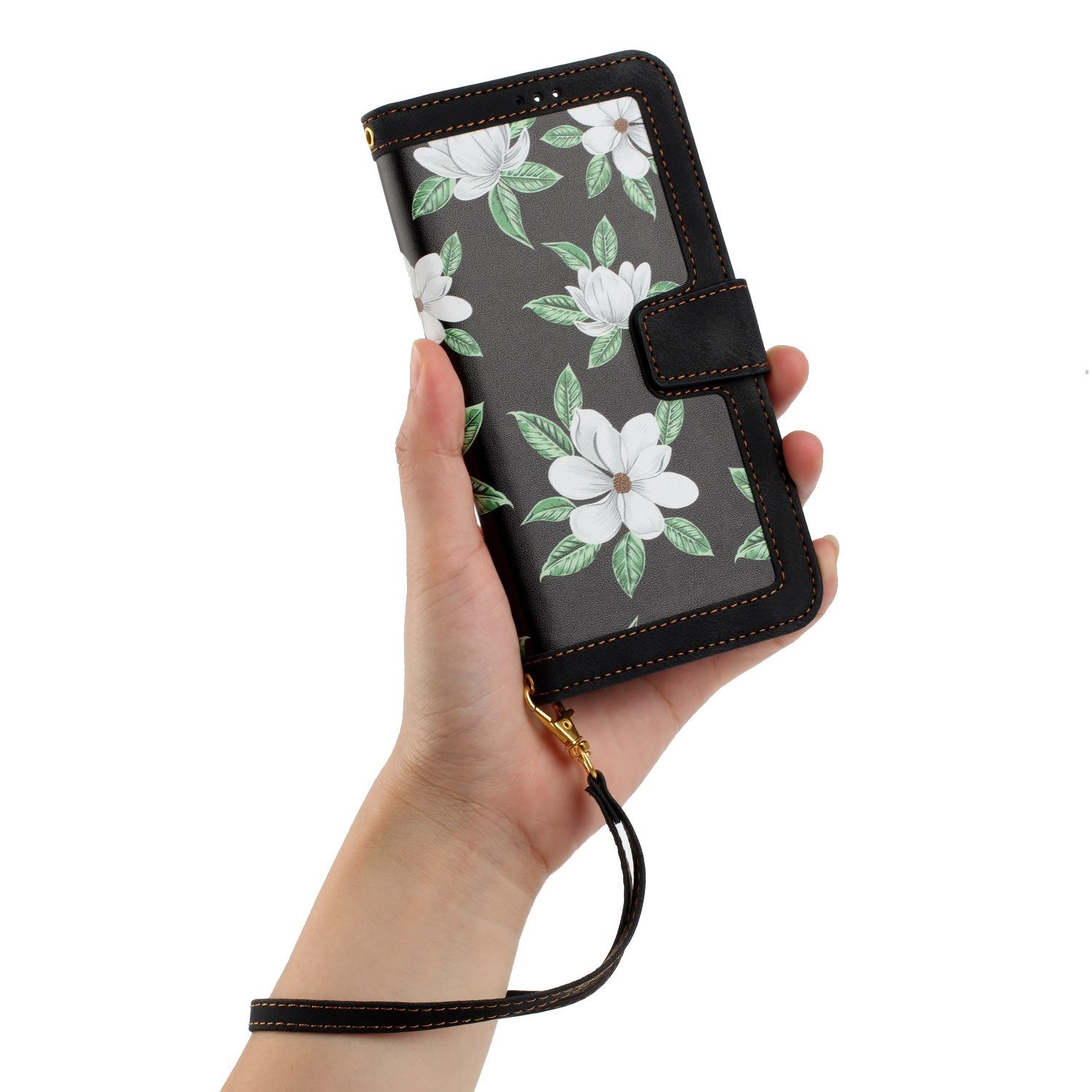 Wigento Smartphone-Hülle Für Samsung Galaxy S25 Kunstleder Wallet Blumen Tasche Hülle Schwarz, Blumenmuster, Kartenfächer, Lanyard