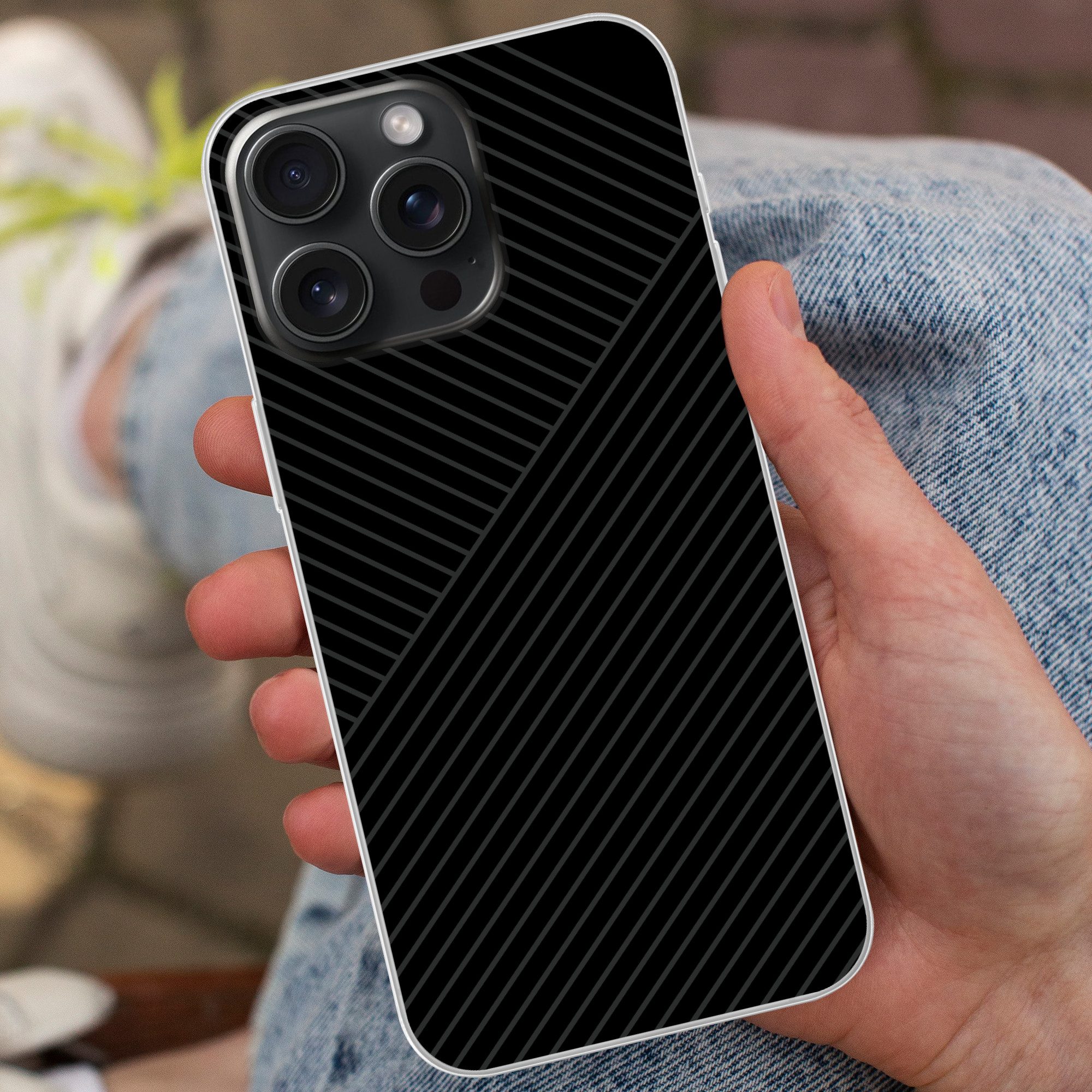MuchoWow Handyhülle für Apple iPhone 15 Pro Max Linien - Abstrakt - Schwarz - Grau - Minim, Smartphone-Bumper, Print, Handy Schutzhülle Dünn
