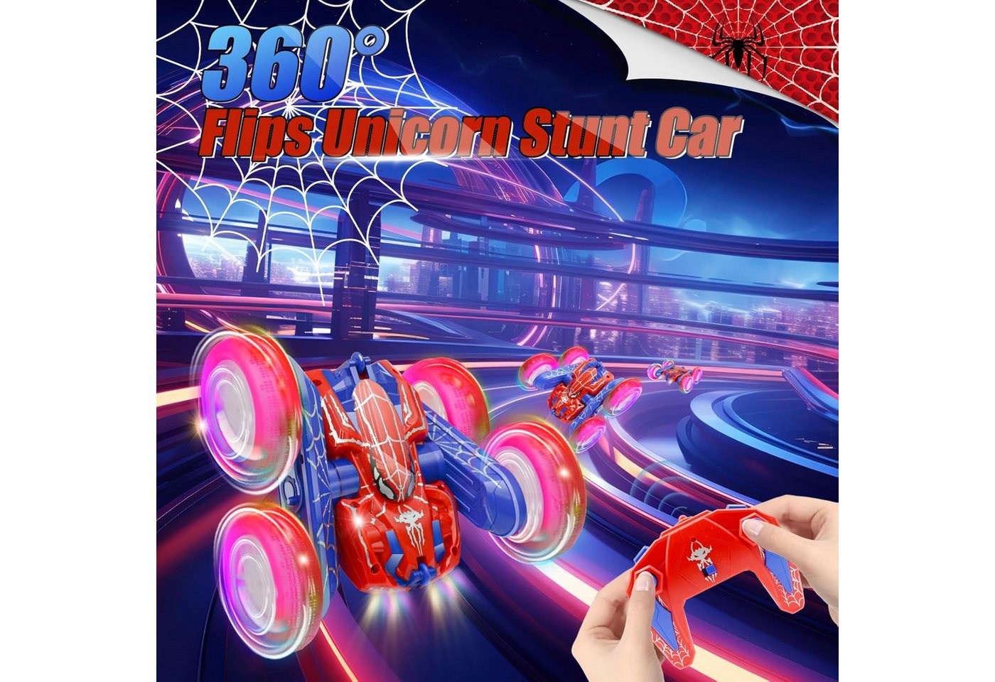 Thumbnail - LA CUTE RC-Auto Spiderman Ferngesteuert RC Spider Auto 360° Stunts, LED Sprühfunktion (Spielzeug-Stuntauto mit Zubehör u...