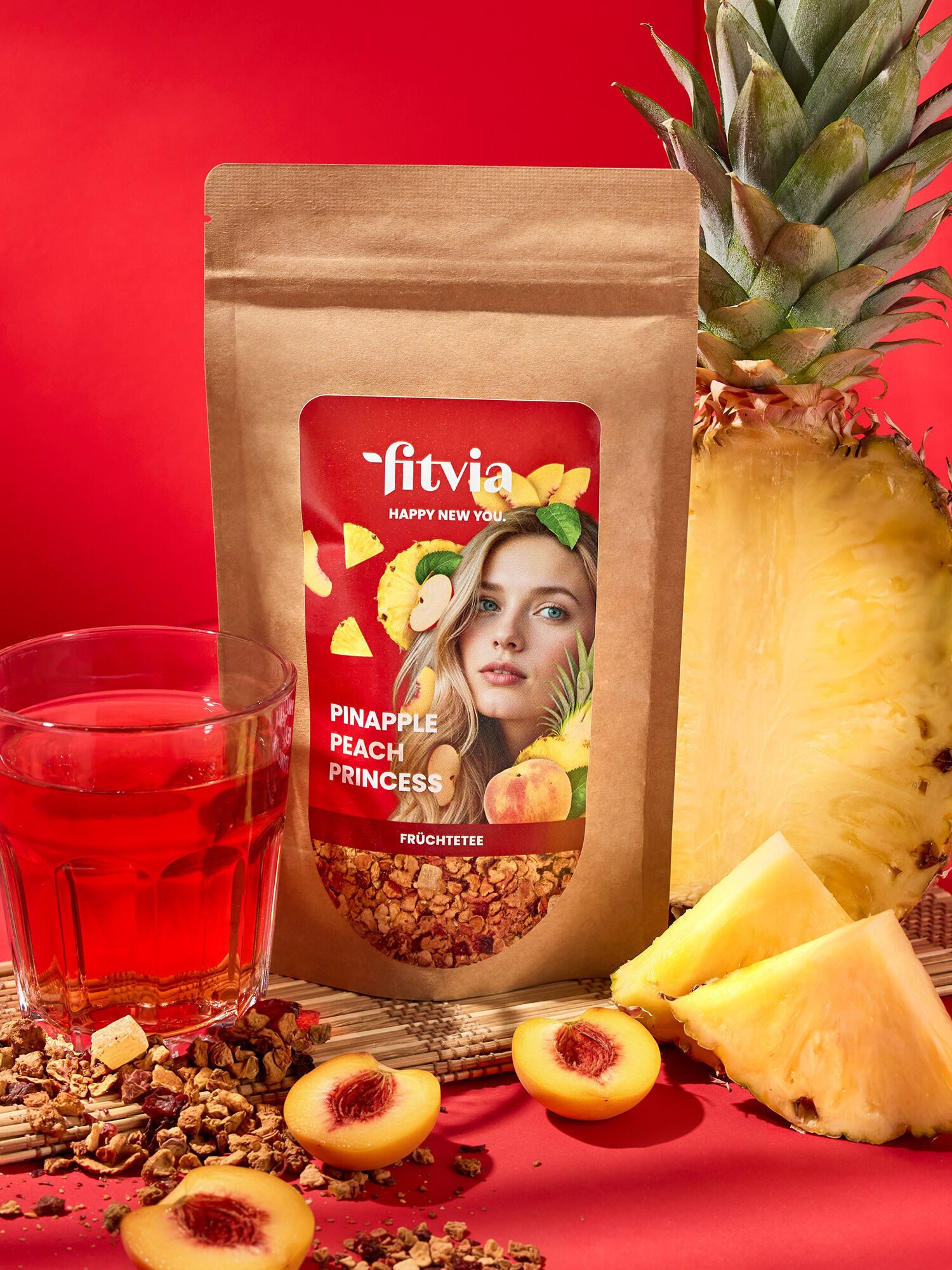 fitvia Tee Früchtetee Ananas-Pfirsich, lose, 100 g, (Früchtetee Ananas Pfirsich 100 g – loser aromatischer Früchtetee, 100g), mit exotischer Ananas & saftigem Pfirsich, fruchtig-süßer Sommertee
