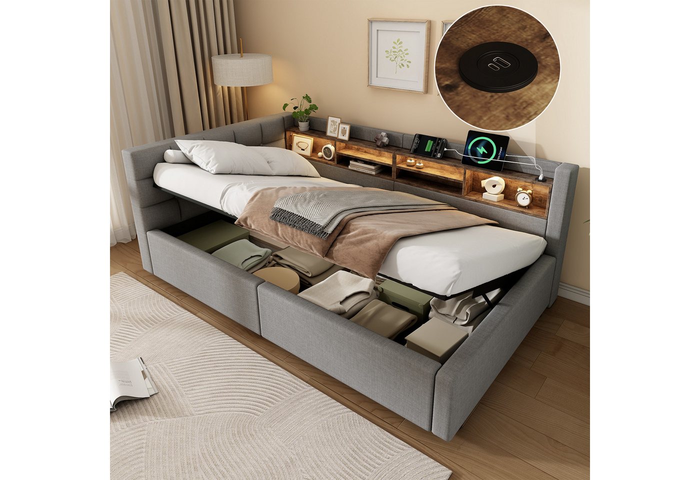 Merax Daybett mit LED-Beleuchtung & USB-Anschluss, Polsterbett mit Leinenbezug (Schlafsofa Jugendbett, 1 tlg), Tagesbett 90x200cm mit hydraulischem Stauraum & Seitenregalen