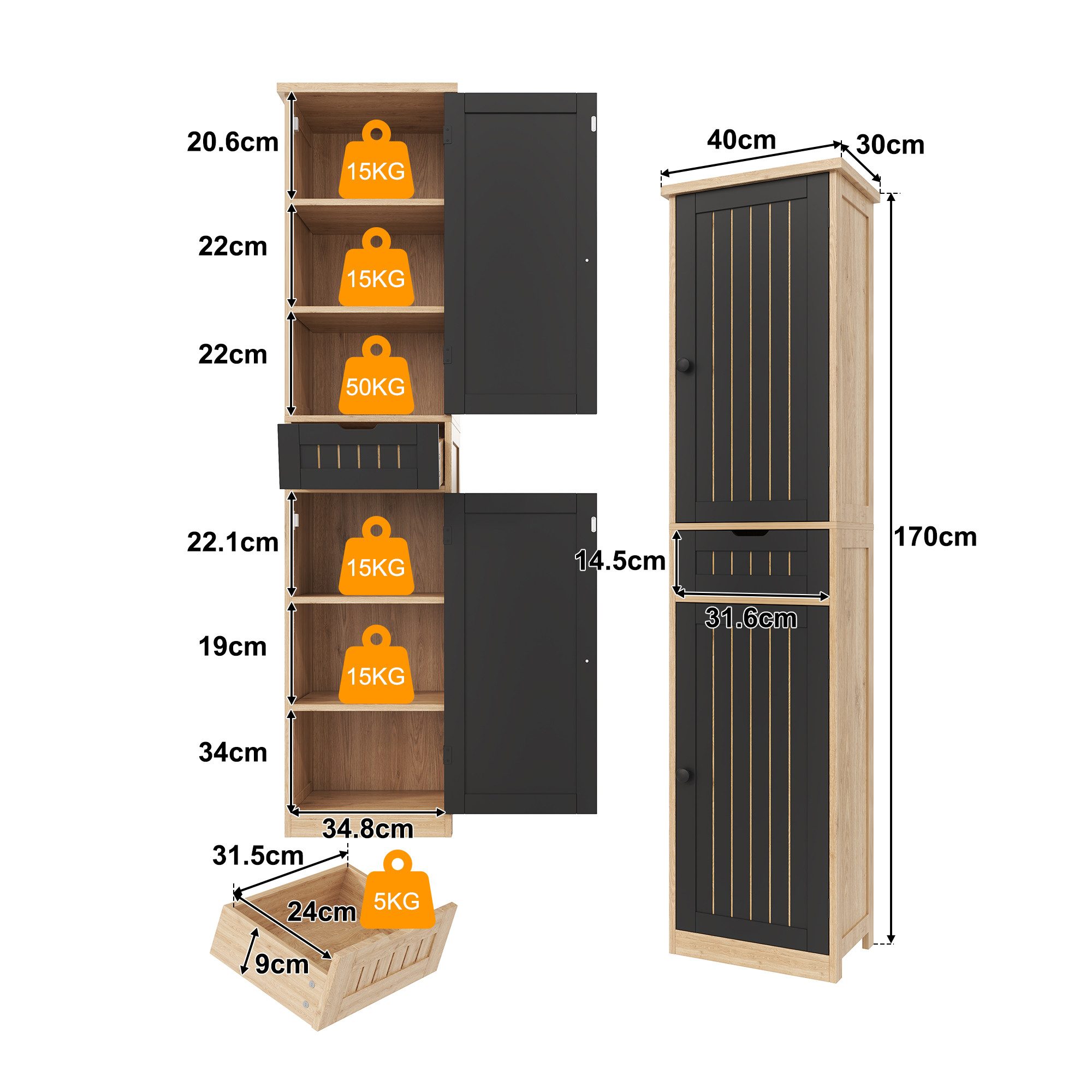 ANYSUN Hochschrank Schmaler Schrank mit Türen,Schublade,Mehrzweckschrank Küche (1-St., Einzelstück) Küchenschrank mit Verstellbare Regalböden für Esszimmer,170×40×30 cm