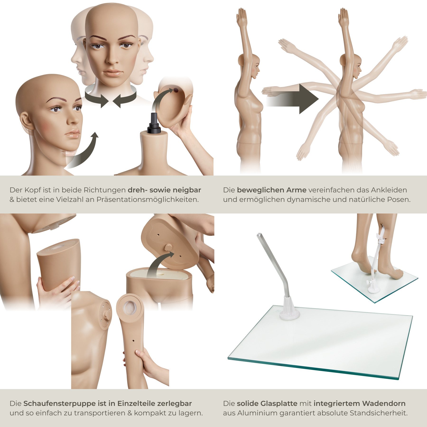 tectake Schneiderpuppe Schaufensterpuppe aus Kunststoff, Glasplatte mit Wadendorn, beweglich und standfest, lebensechte Proportionen, zerlegbar – Bild 4 von 5