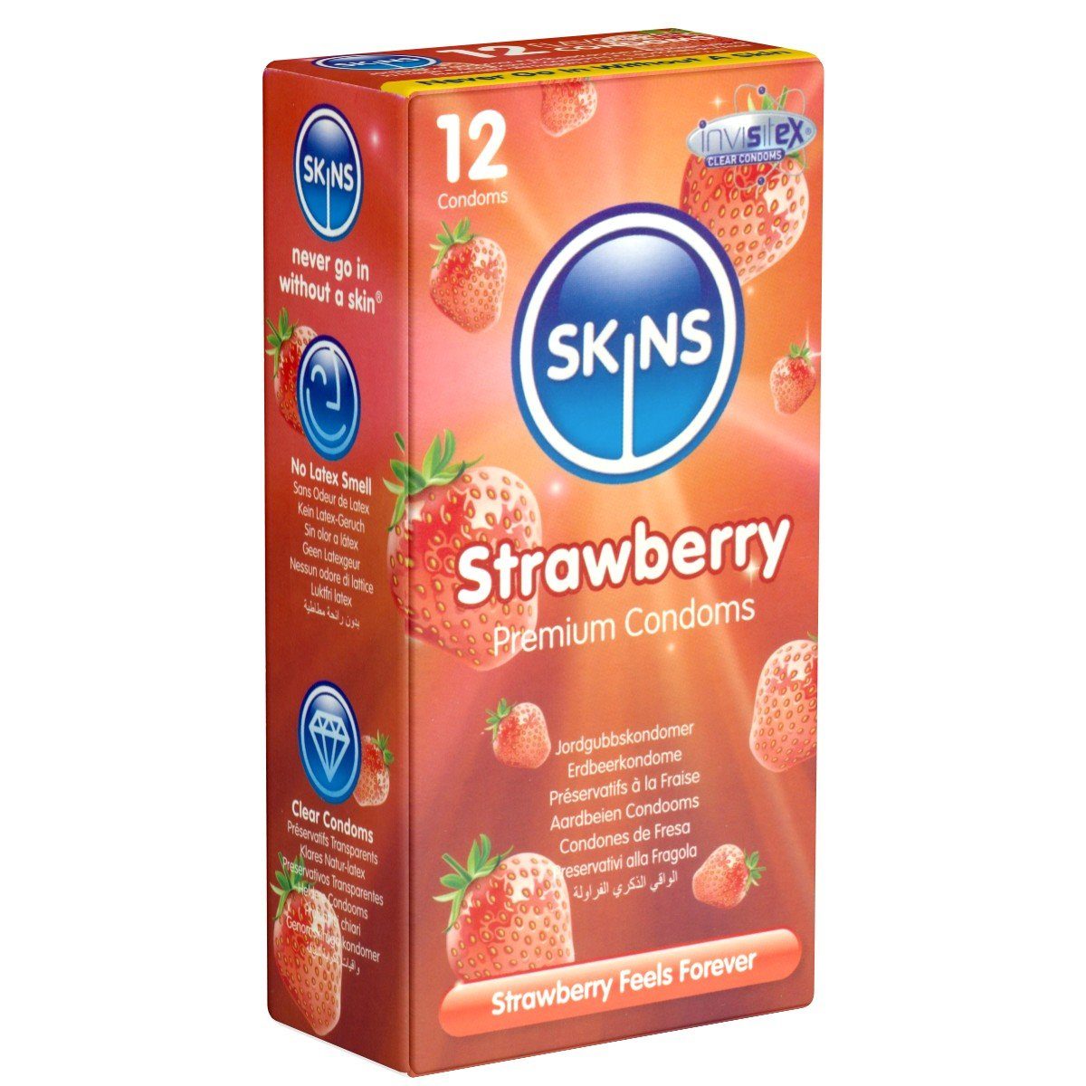 SKINS Condoms Kondome Strawberry, samtweiche Oberfläche, fühlt sich an wie "echt", Packung mit, 12 St., Kondome mit fruchtigem Erdbeeraroma, durchsichtiges Latex (kristallklar), kein Latexgeruch