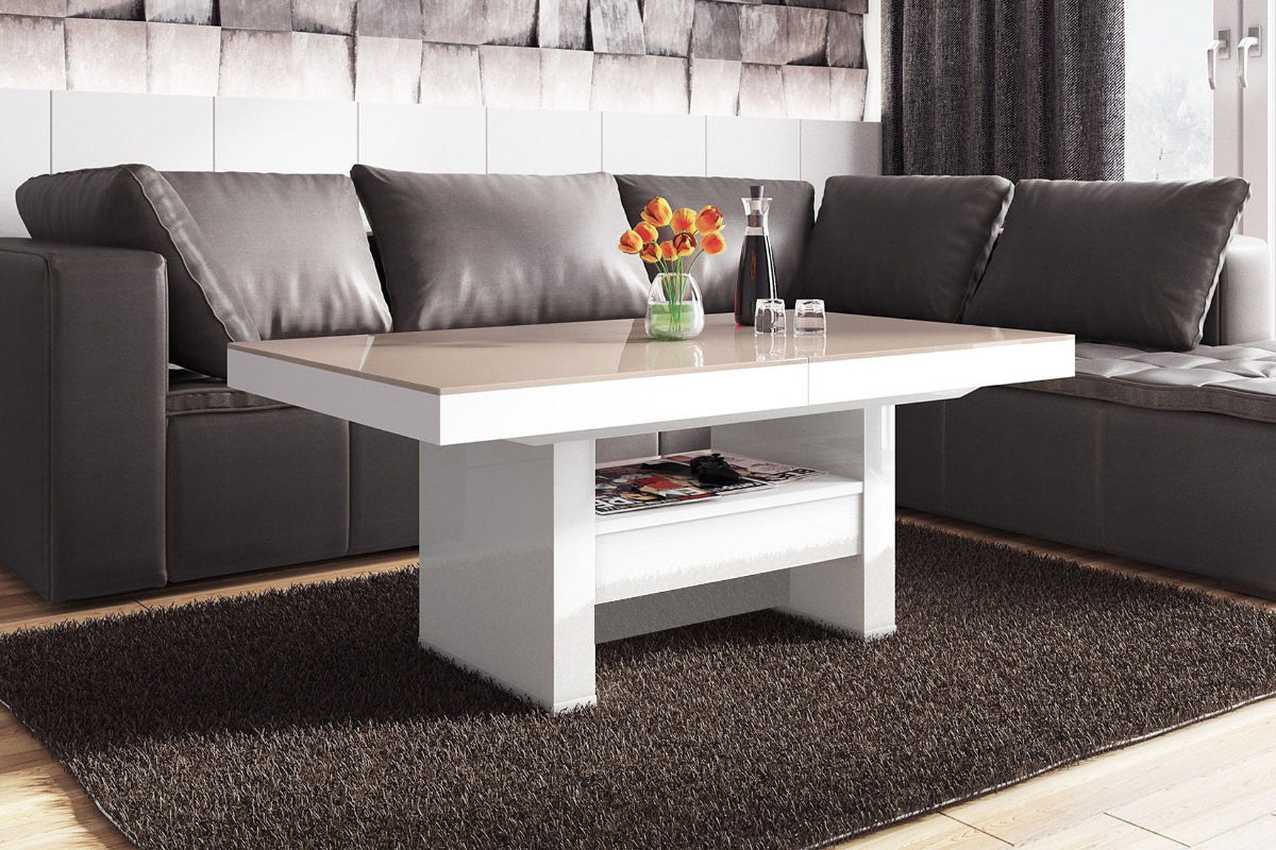 designimpex Couchtisch Design HLU-111 Cappuccino Weiß Hochglanz höhenverstellbar ausziehbar Cappuccino / Weiß Hochglanz