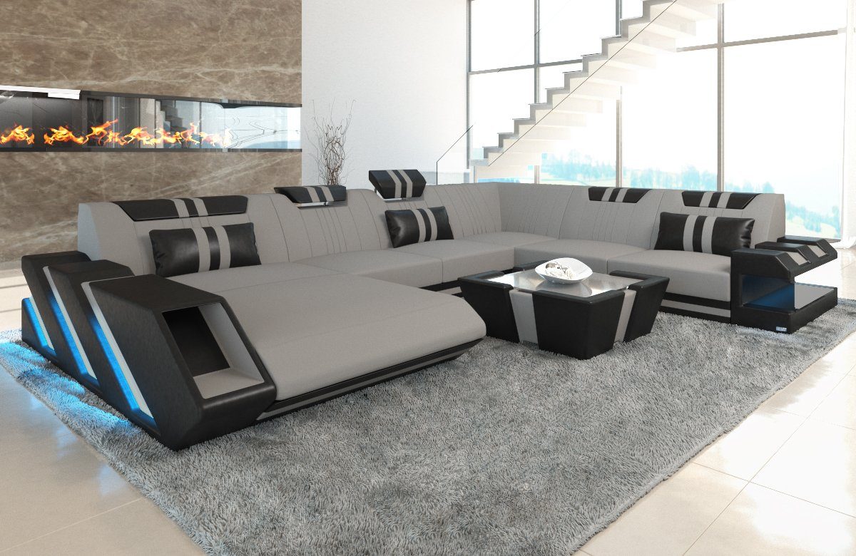 Sofa Dreams Wohnlandschaft Polster Sofa Stoff Couch Apollonia XXL U Form Stoffsofa, mit LED, wahlweise mit Bettfunktion als Schlafsofa, Designersofa C76 Hellgrau-Schwarz