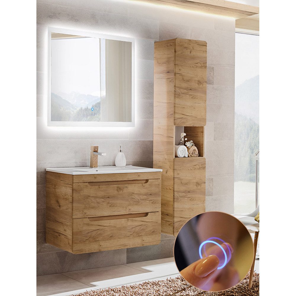 Lomadox Badmöbel-Set LUTON-56-CRAFT, (Spar-Set, 3-St), LUTON-56-CFRAFT Wotan Eiche Nb. Nachbildung 130/200/46 cm