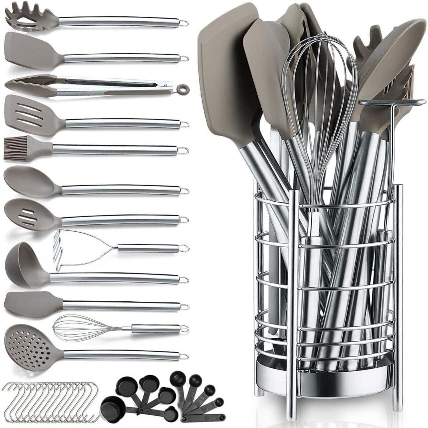 Berglander Kochbesteck-Set Küchenutensilien Set 38-teilig Silikon Kochgeschirr Edelstahl