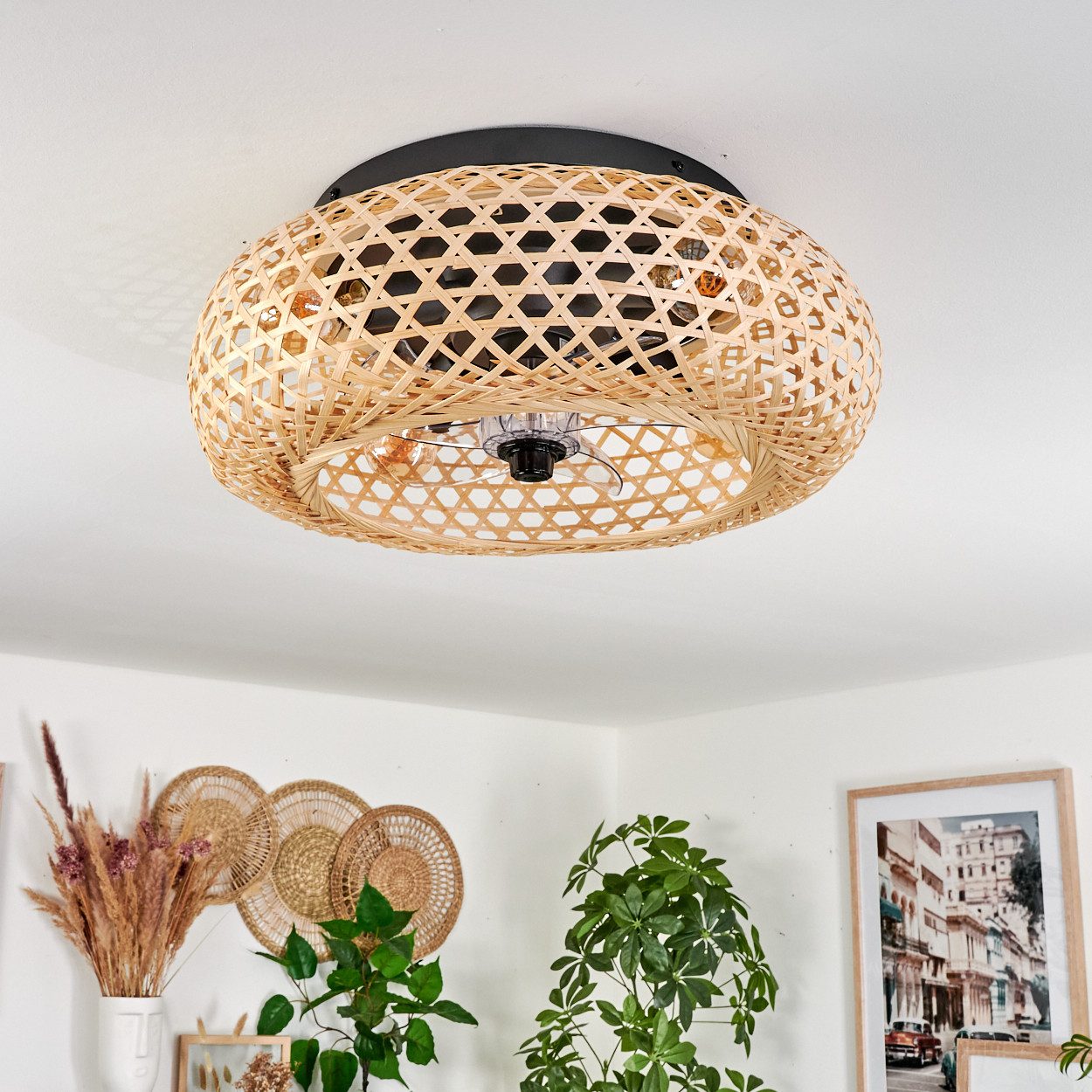 hofstein Deckenleuchte Deckenventilator mit Beleuchtung aus Metall/Bambus, Fernbedienung, ohne Leuchtmittel, Auf-/Abwind-Funktion, Lichteffekt, Ø 50cm, 4xE27, ohne Leuchtmittel