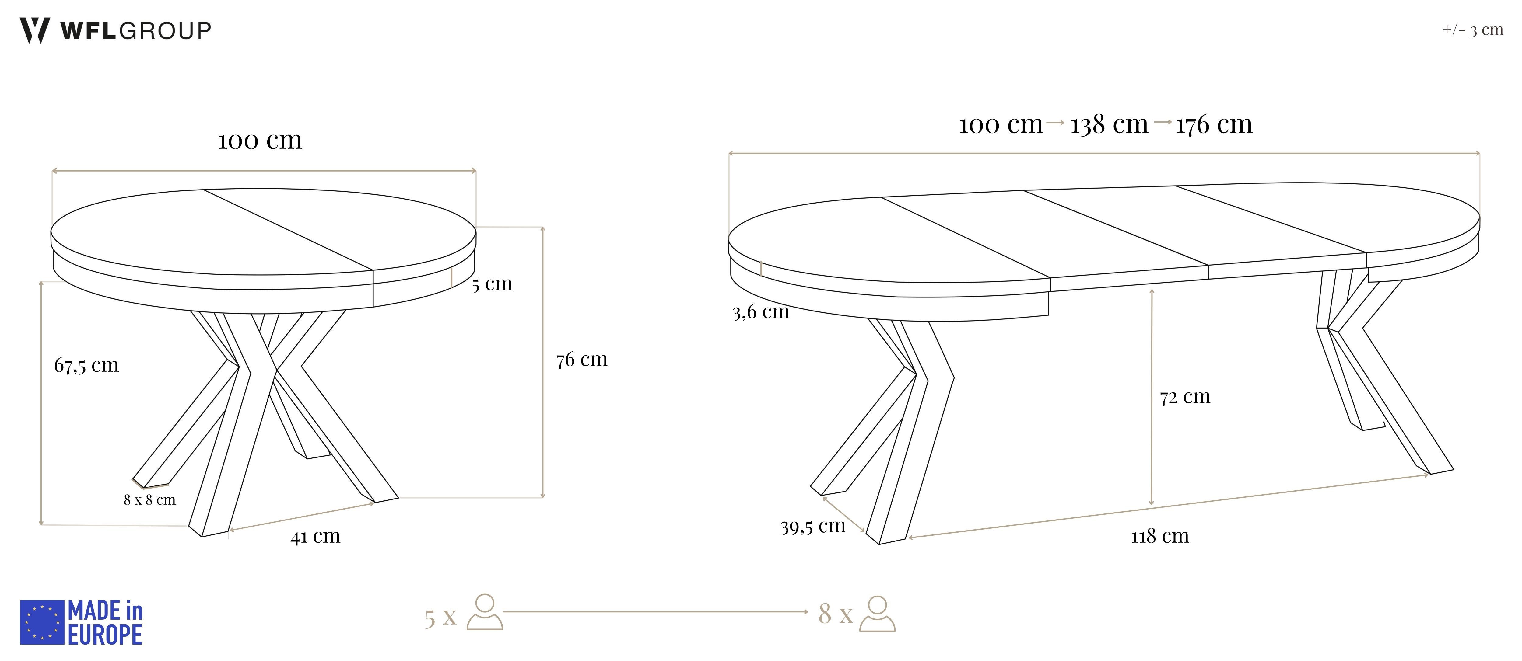 WFL GROUP Esstisch Clara Grau-Beige Loft rund ausziehbar mit Grau-Beige Metallbeinen (MADE IN EU, erhältlich in zwei Größen – 100/120 cm, ausziehbar auf 180/200 cm), platzsparender Industrial Tisch in Holzoptik für Wohnzimmer oder Küche