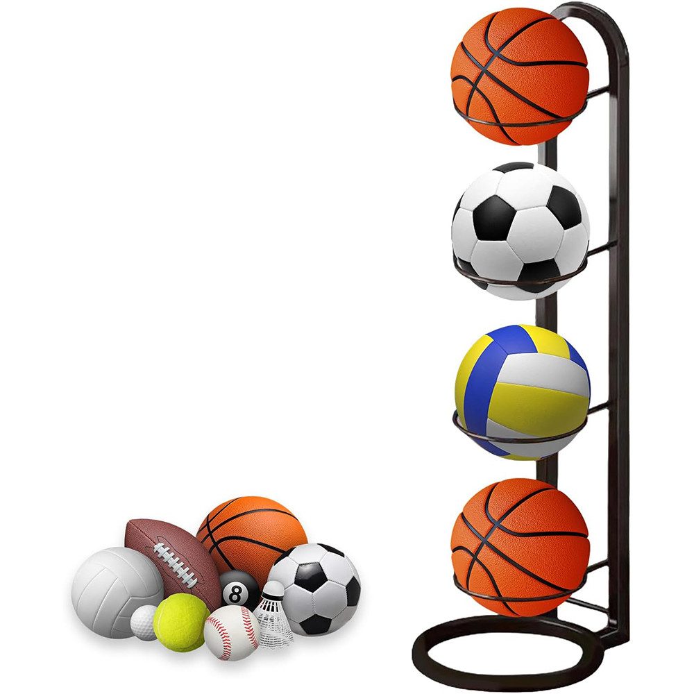 TUWENA Sportgeräte-Regalwagen 4 Lagiger Ballständer, Vertikale Ballregal, Ballhalter aus Metall, Herausnehmbare, Ballständer Display Halter Für Fußball Basketball