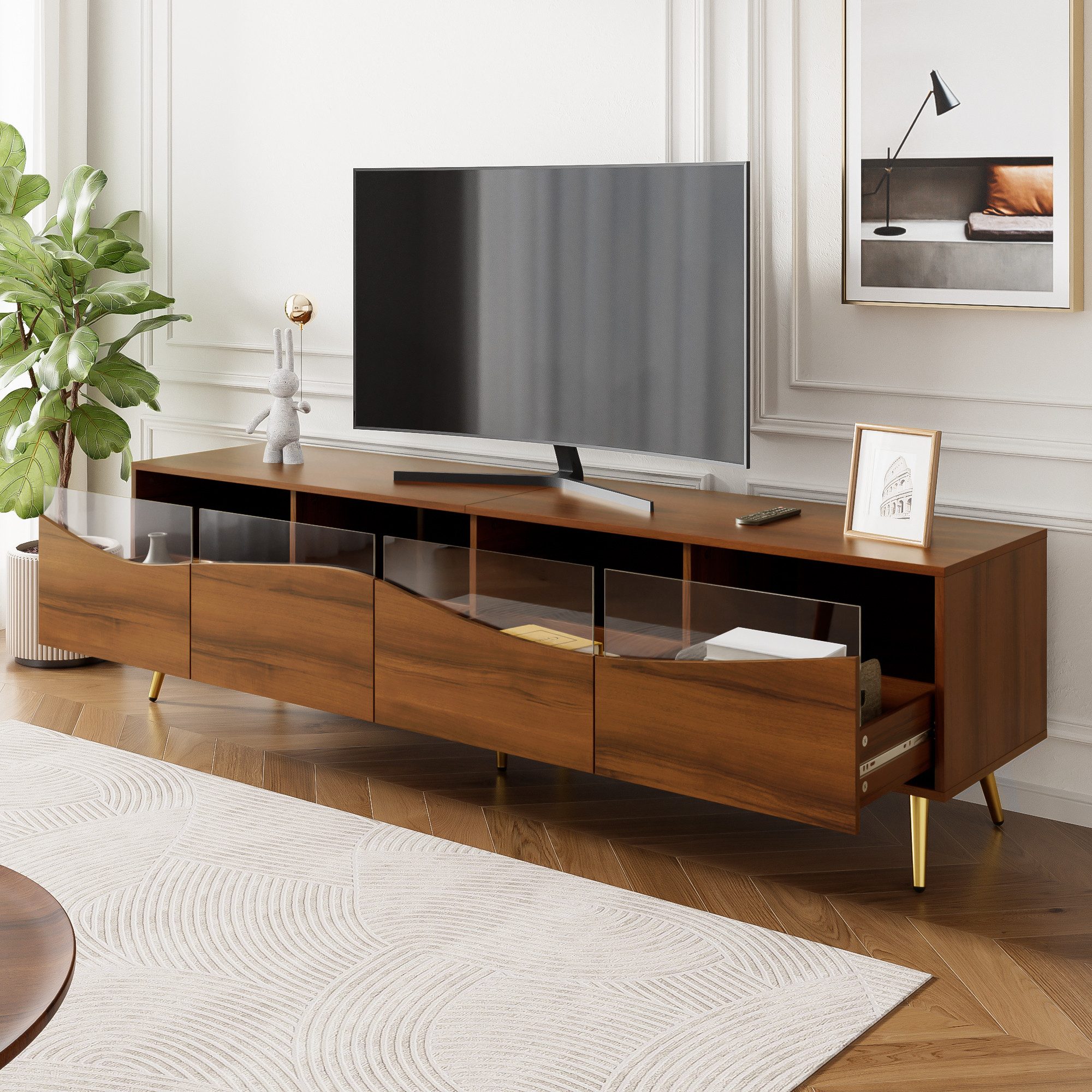 Ulife Lowboard TV-Schrank mit LED-Beleuchtung, 4 Schubladen, 180 x 40 x 50 cm (1 St), Holzfarbener Korpus, Goldene Metallfüße & Glasfront