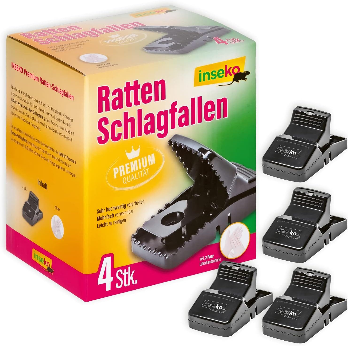 Inseko Schlagfalle 4 x inseko Premium-Rattenfallen I sehr hochwertig I wiederverwendbar, inklusive 2 Paar Latexhandschuhe