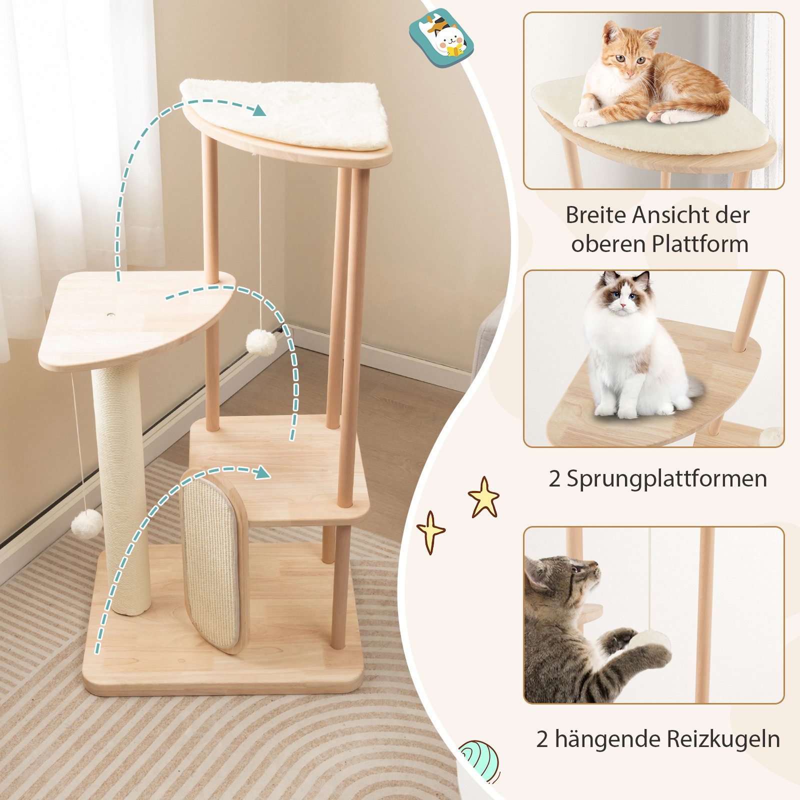 COSTWAY Kratzbaum, mehrstöckig, mit Kratzbrett & Spielzeug & Sisalpfosten