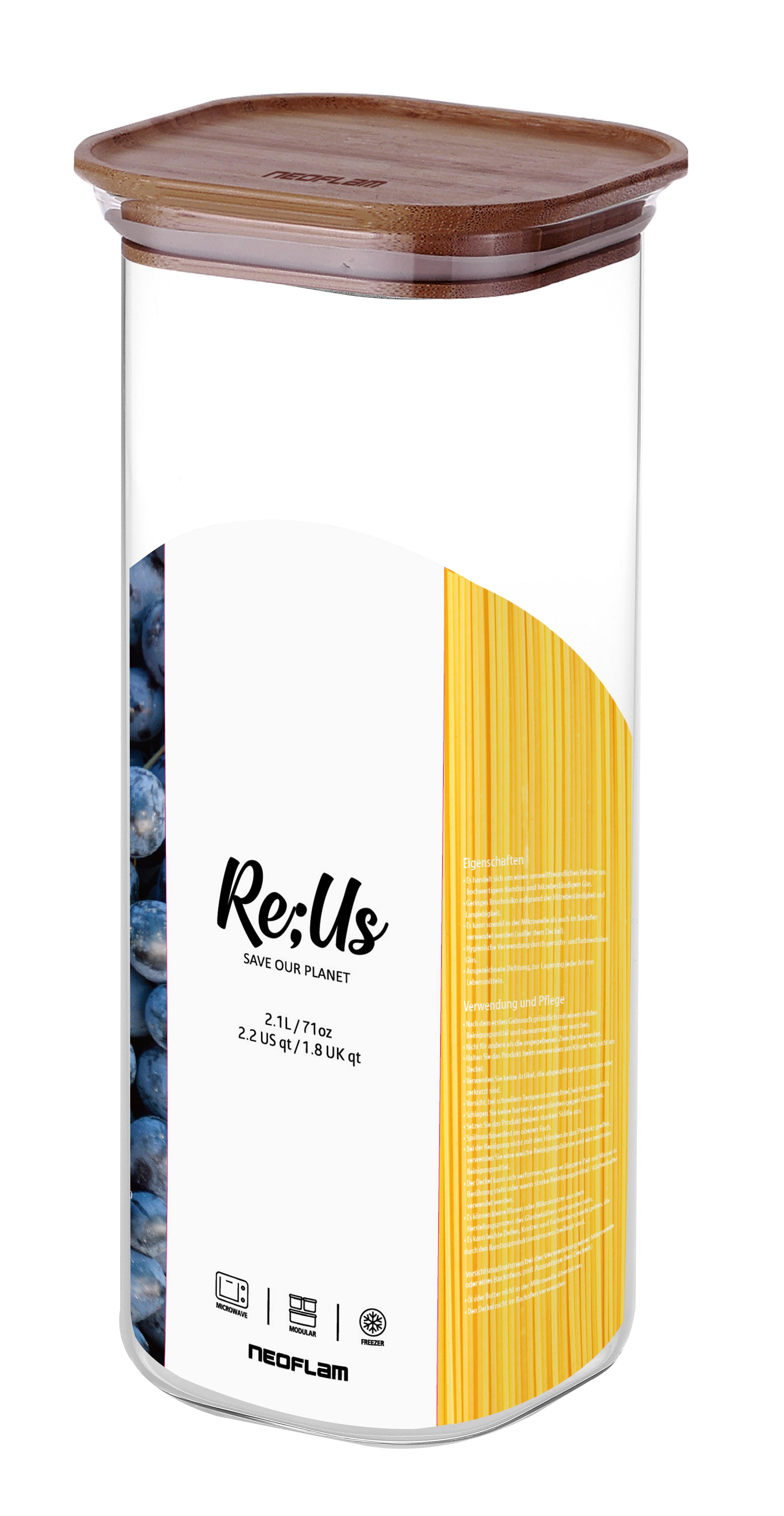 NEOFLAM® Vorratsglas Ecoray Glas Vorratsbehälter mit Bambusdeckel, quadratisch, 2.1L, Borosilikatglas, Bambus, (1-tlg)