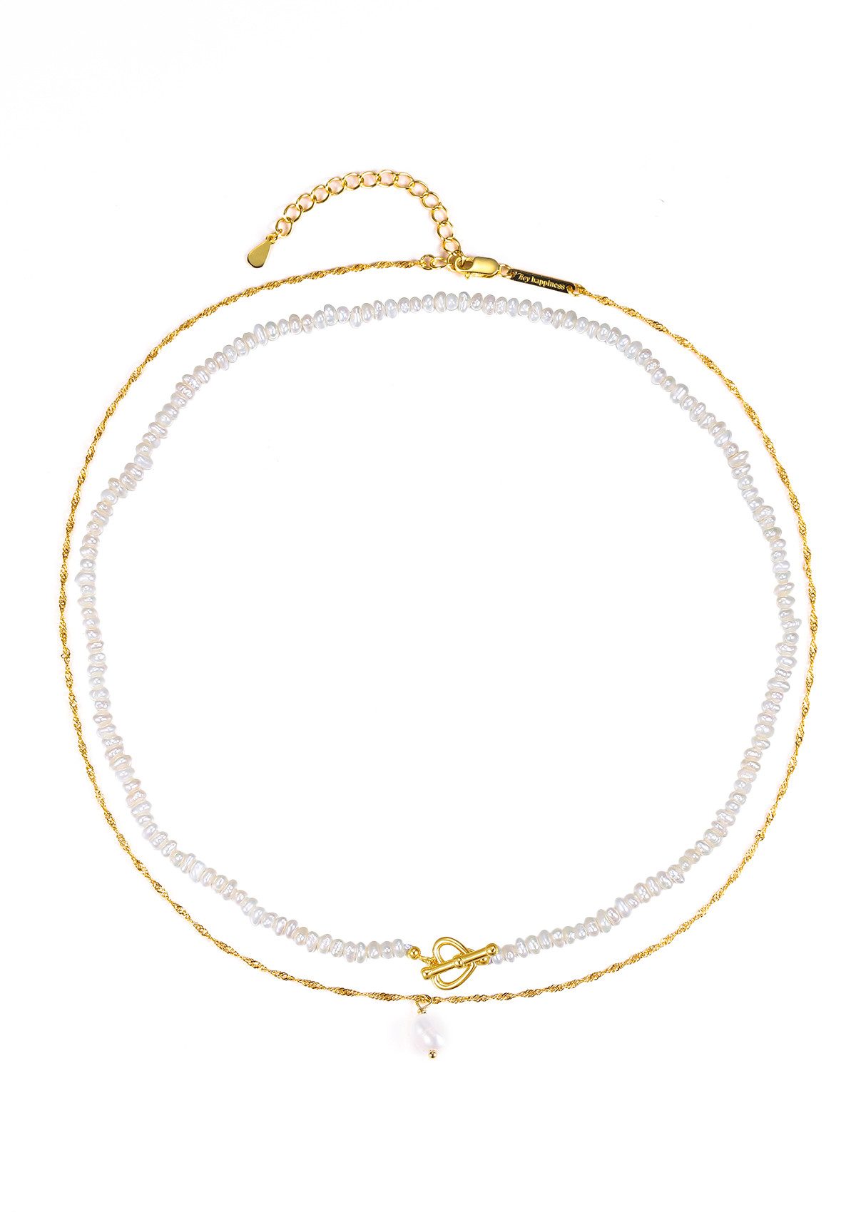 Hey Happiness Perlenketten-Set Weiße Perlen Choker & Perle Anhänger Kordelkette, 2er Layer 925 Silber Ketten Set für Damen, 18K vergoldet